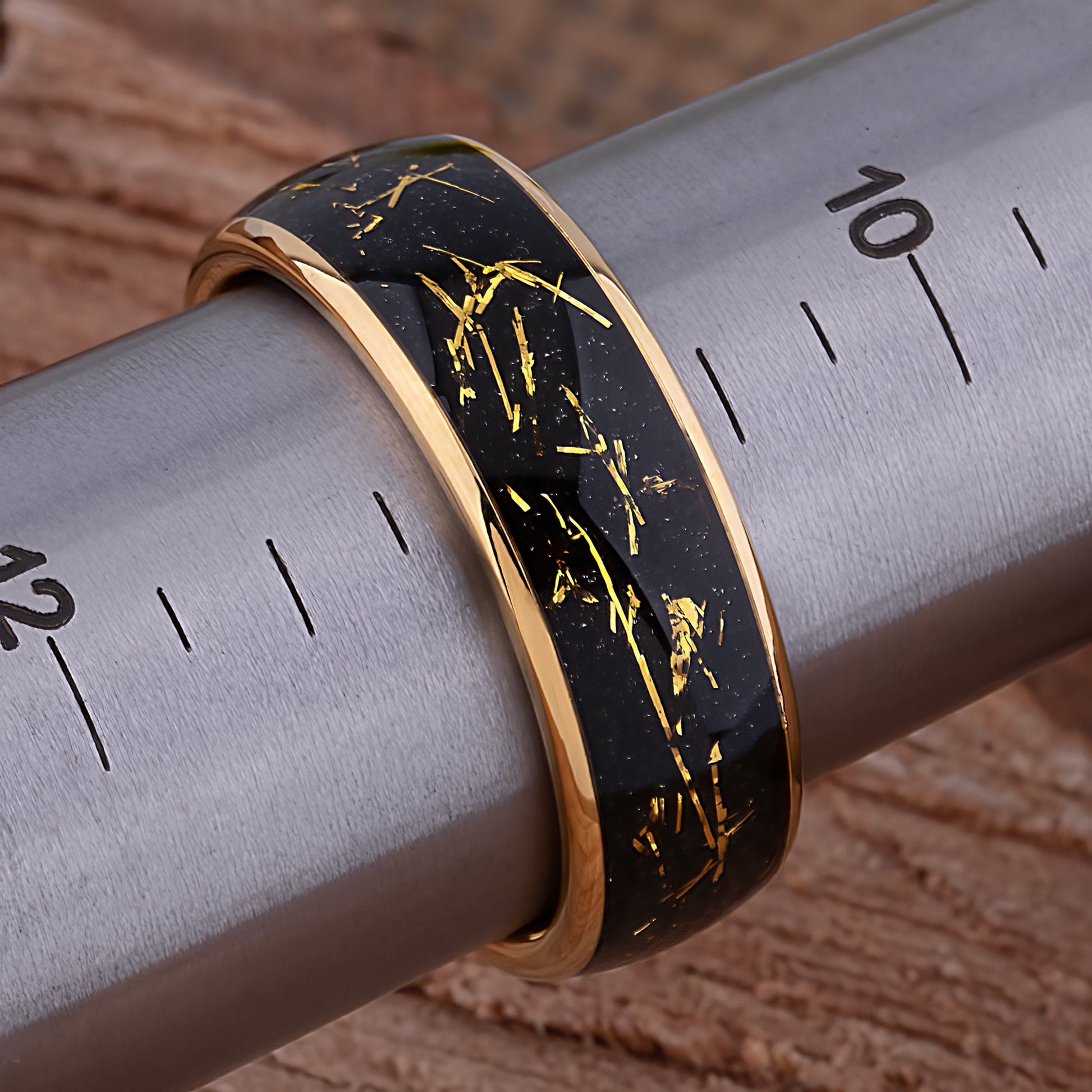 Yellow Gold Leaf and Black Sandstone Tungsten Wedding Band - 8mm Width
