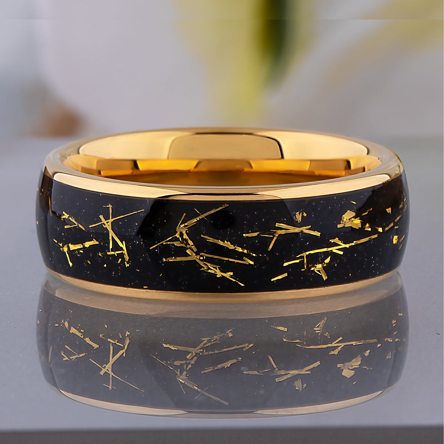 Yellow Gold Leaf and Black Sandstone Tungsten Wedding Band - 8mm Width