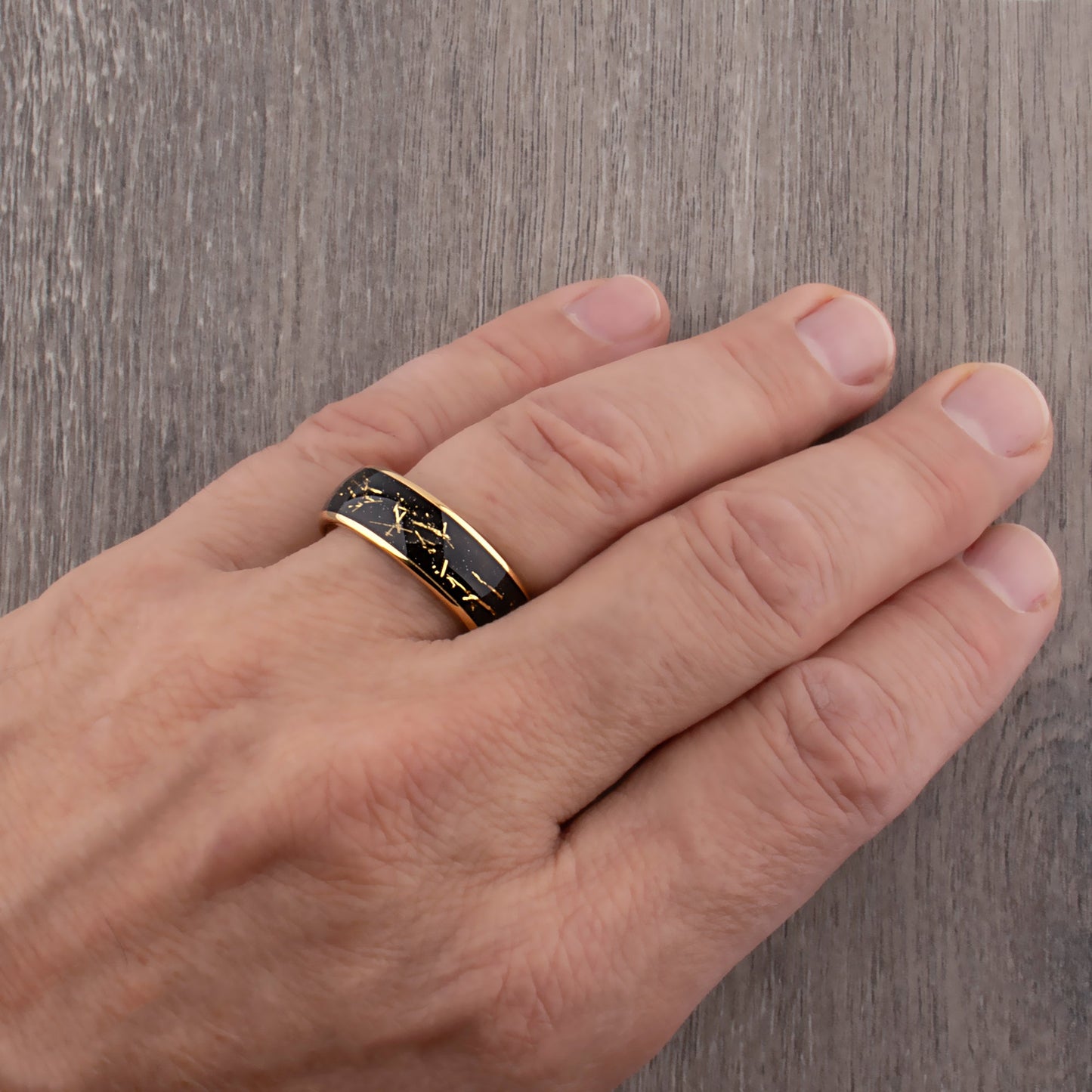 Yellow Gold Leaf and Black Sandstone Tungsten Wedding Band - 8mm Width
