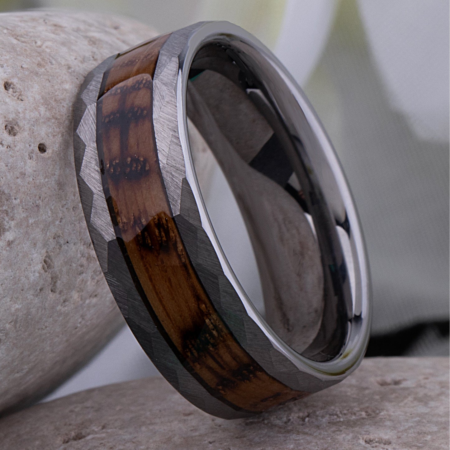Tungsten Ring with Charred Whiskey Wood Inlay - 8mm Width