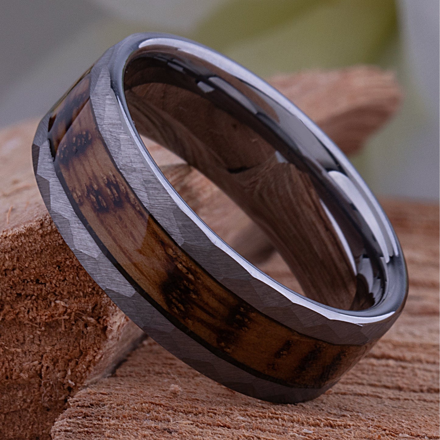 Tungsten Ring with Charred Whiskey Wood Inlay - 8mm Width