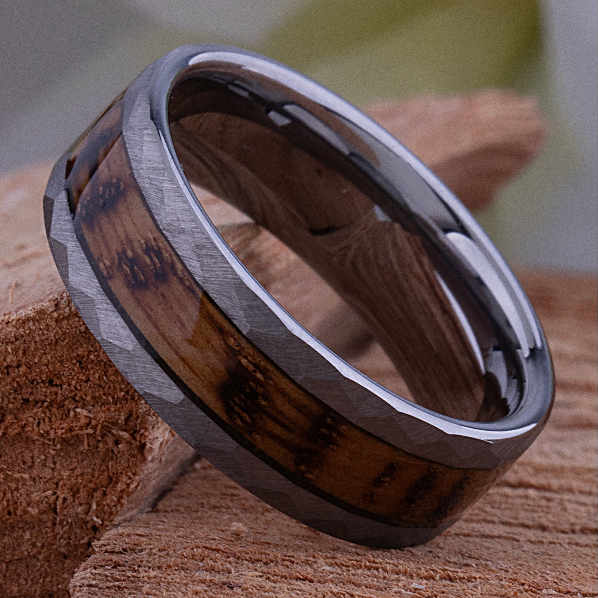 Tungsten Ring with Charred Whiskey Wood Inlay - 8mm Width