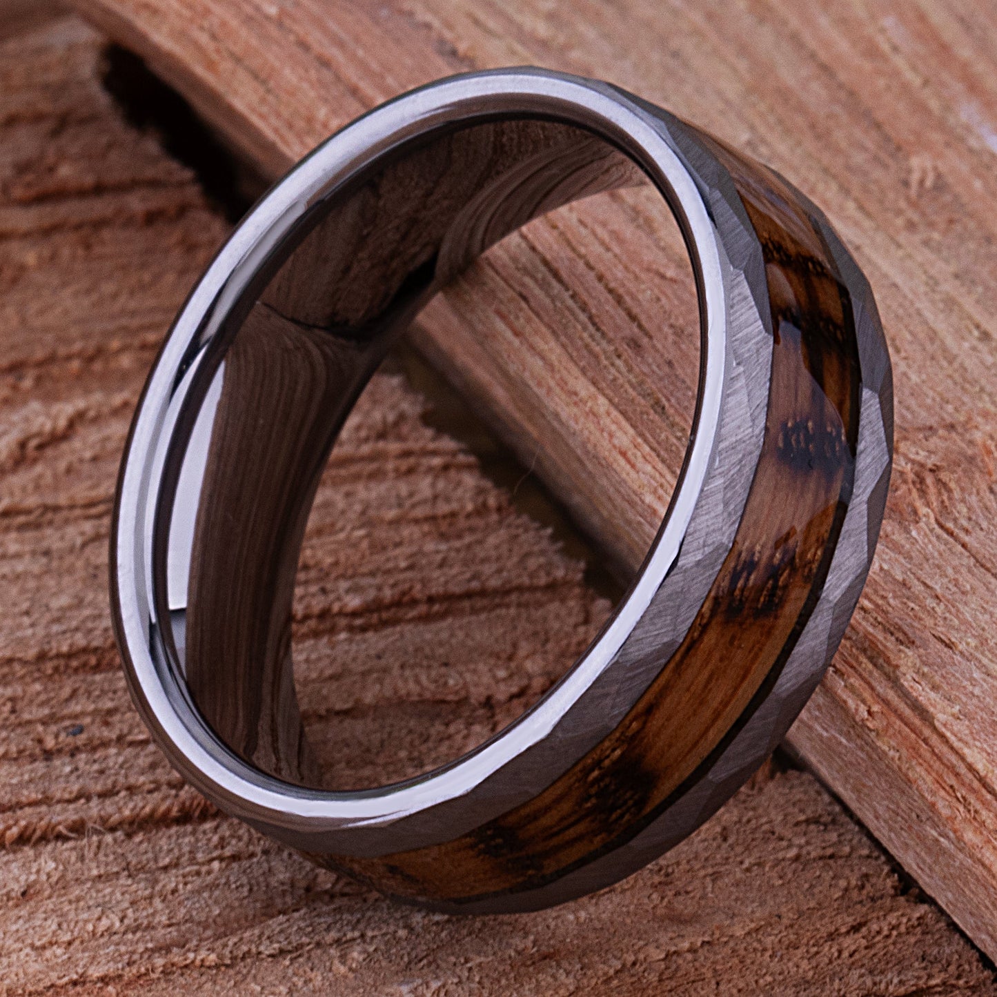 Tungsten Ring with Charred Whiskey Wood Inlay - 8mm Width