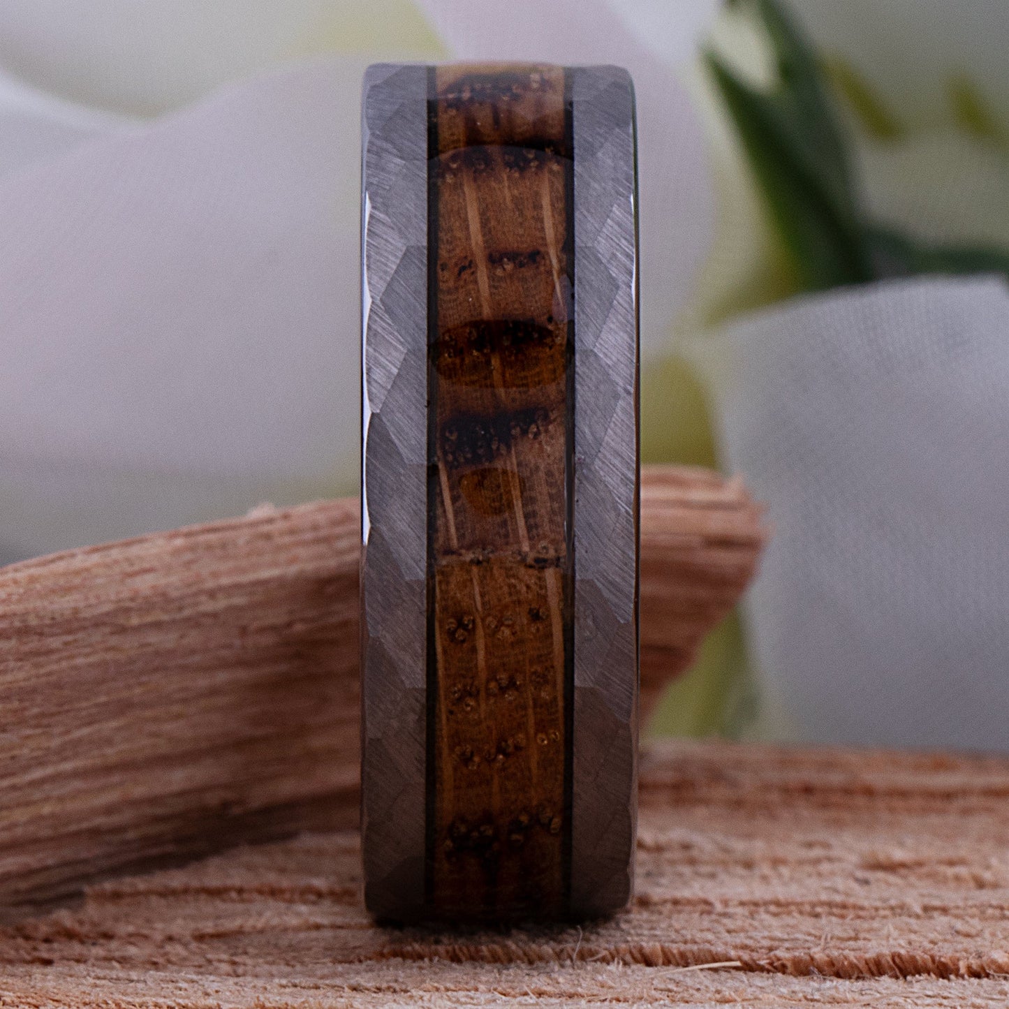 Tungsten Ring with Charred Whiskey Wood Inlay - 8mm Width