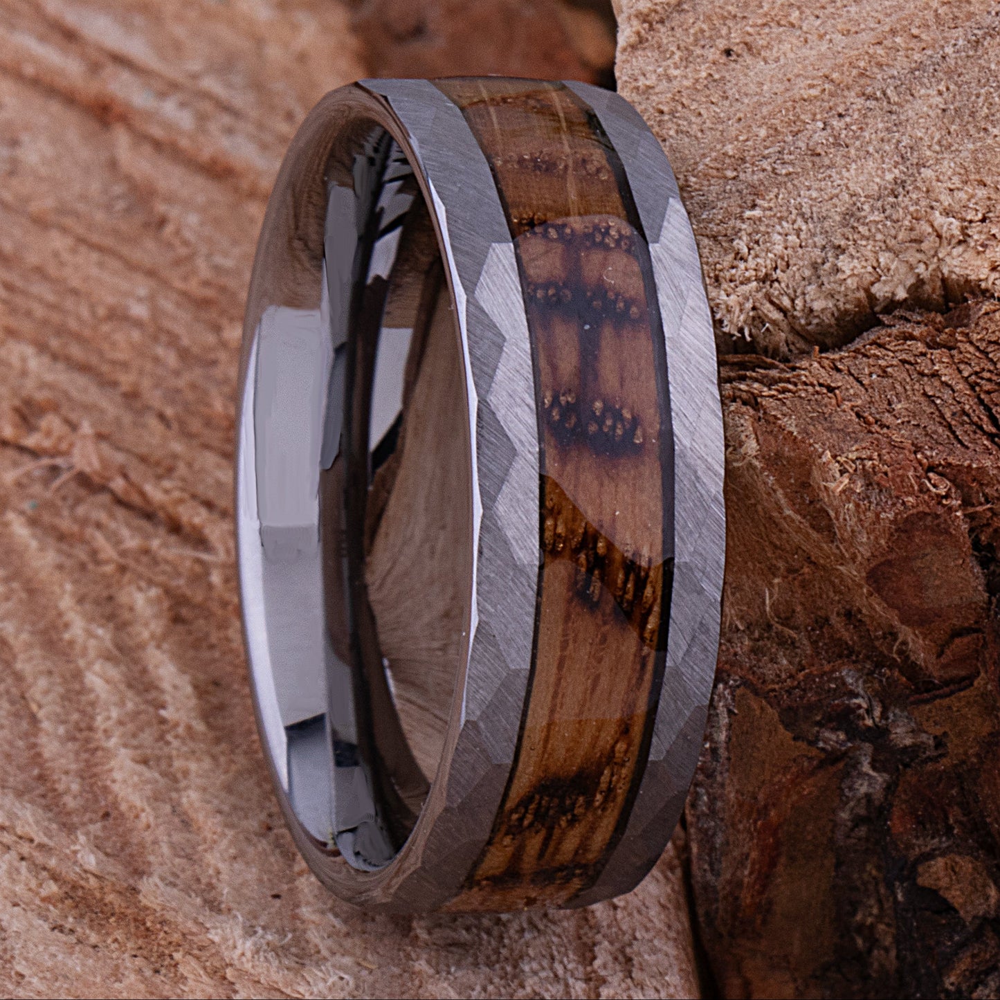 Tungsten Ring with Charred Whiskey Wood Inlay - 8mm Width