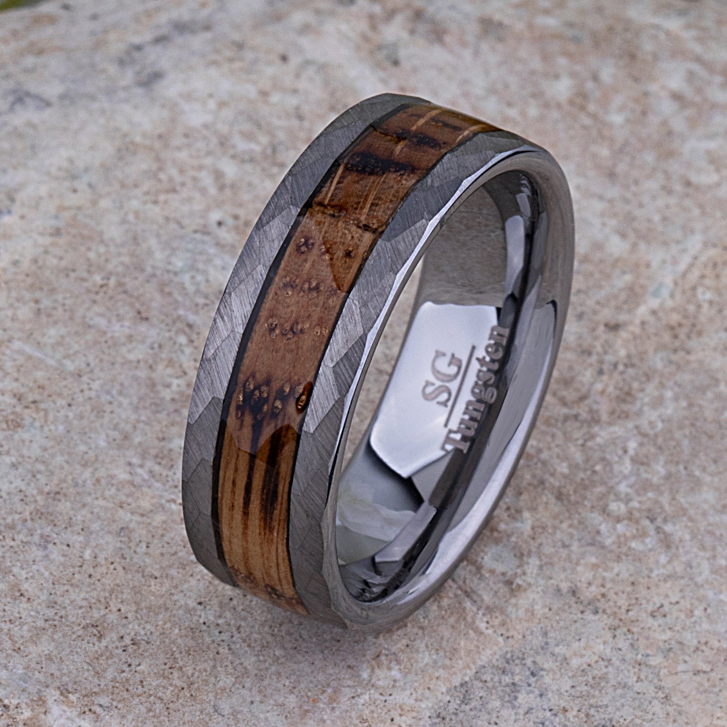 Tungsten Ring with Charred Whiskey Wood Inlay - 8mm Width