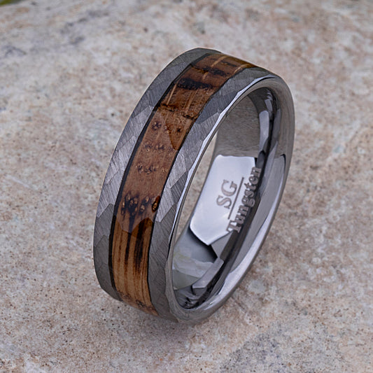 Tungsten Ring with Charred Whiskey Wood Inlay - 8mm Width