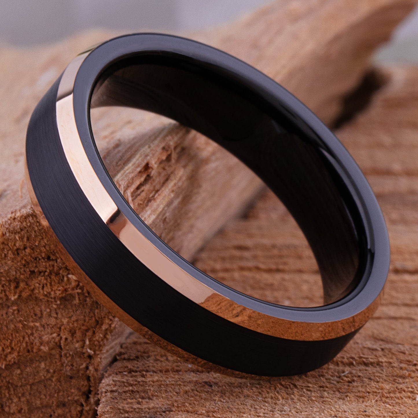 Black and Rose Gold Tungsten Wedding Ring - 6mm Width