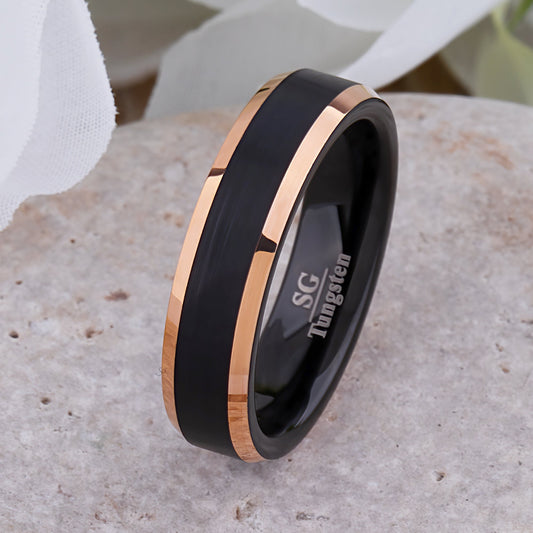 Black and Rose Gold Tungsten Wedding Ring - 6mm Width