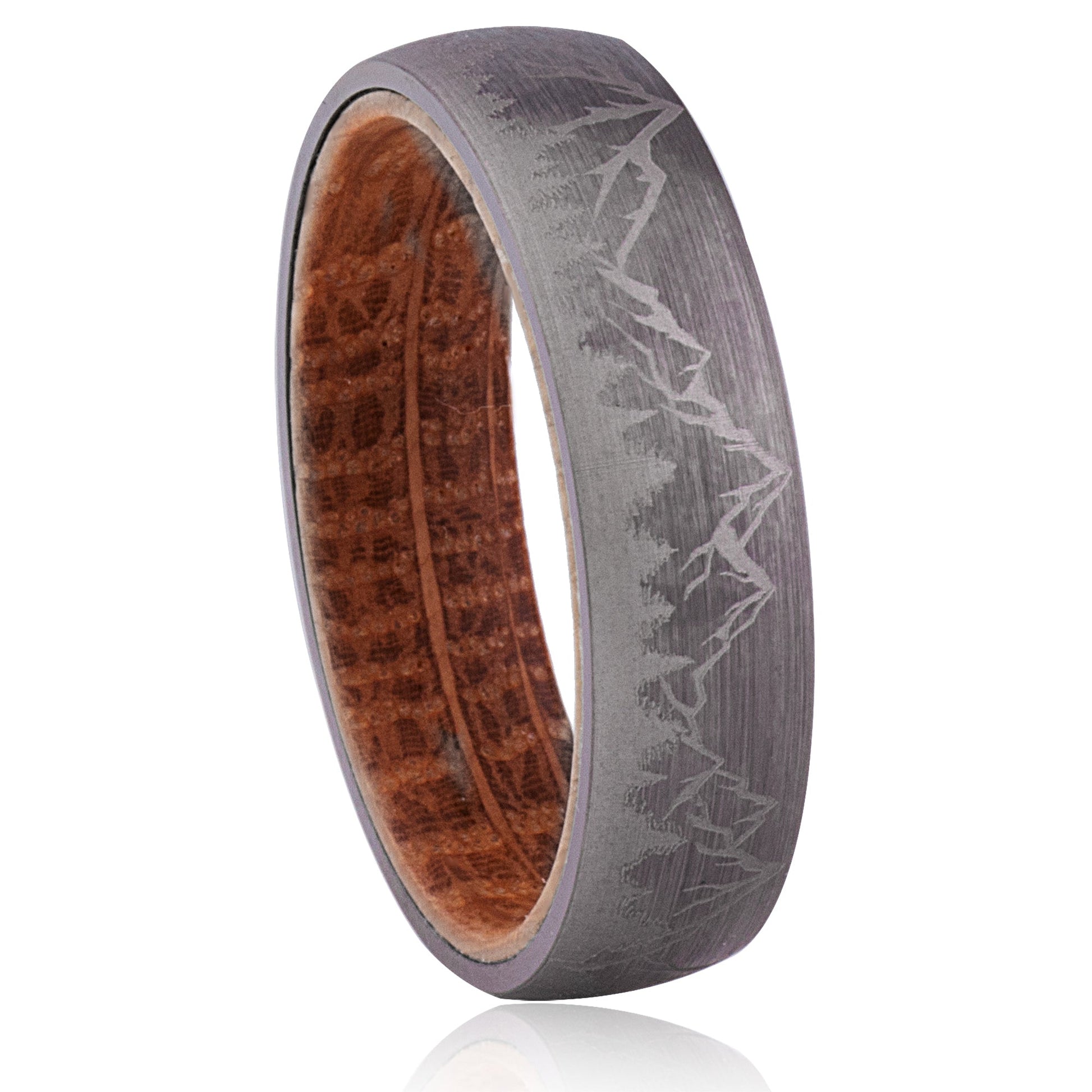 Mountain Tungsten Wedding Ring with Whiskey Barrel Wood - 6mm Width