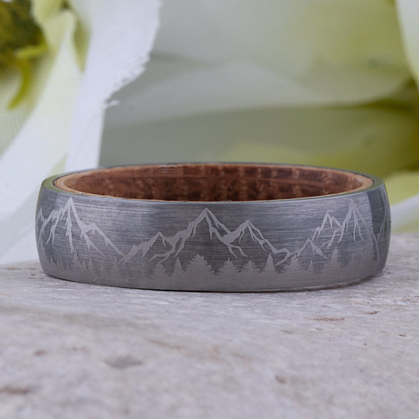 Mountain Tungsten Wedding Ring with Whiskey Barrel Wood - 6mm Width