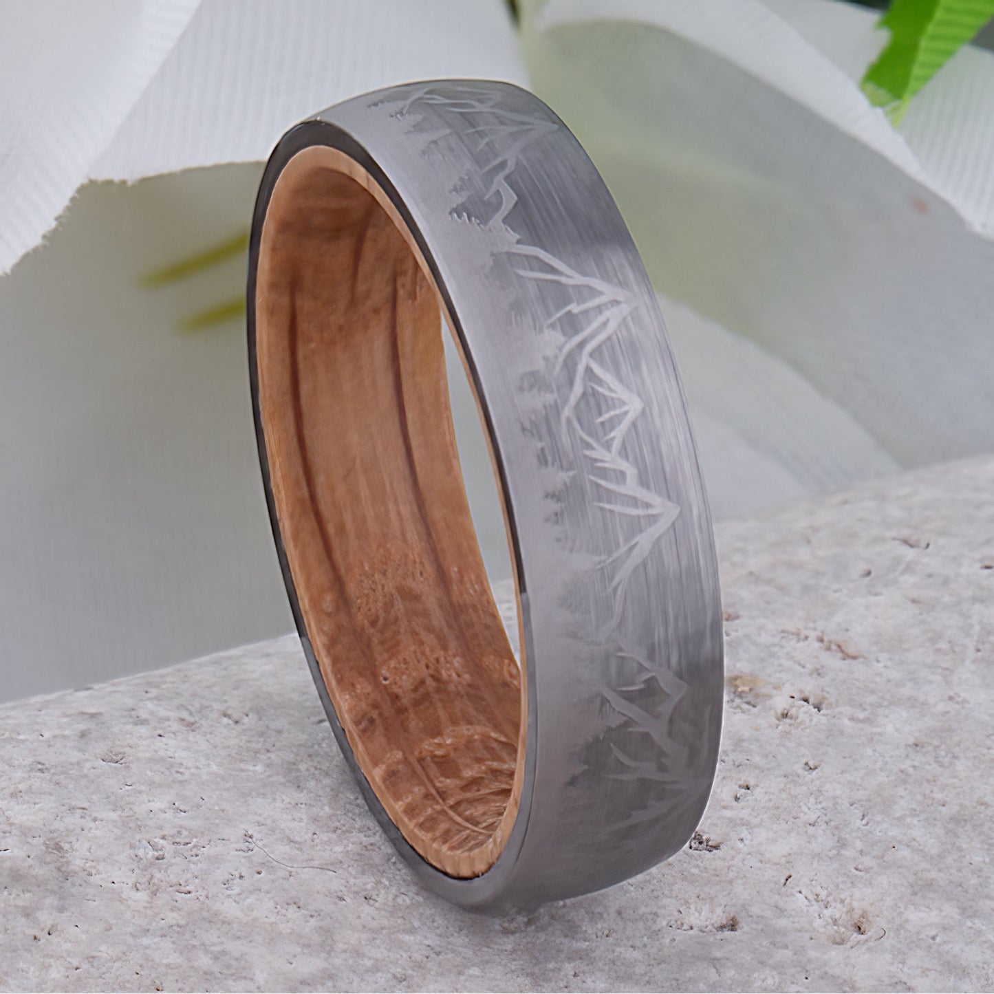 Mountain Tungsten Wedding Ring with Whiskey Barrel Wood - 6mm Width
