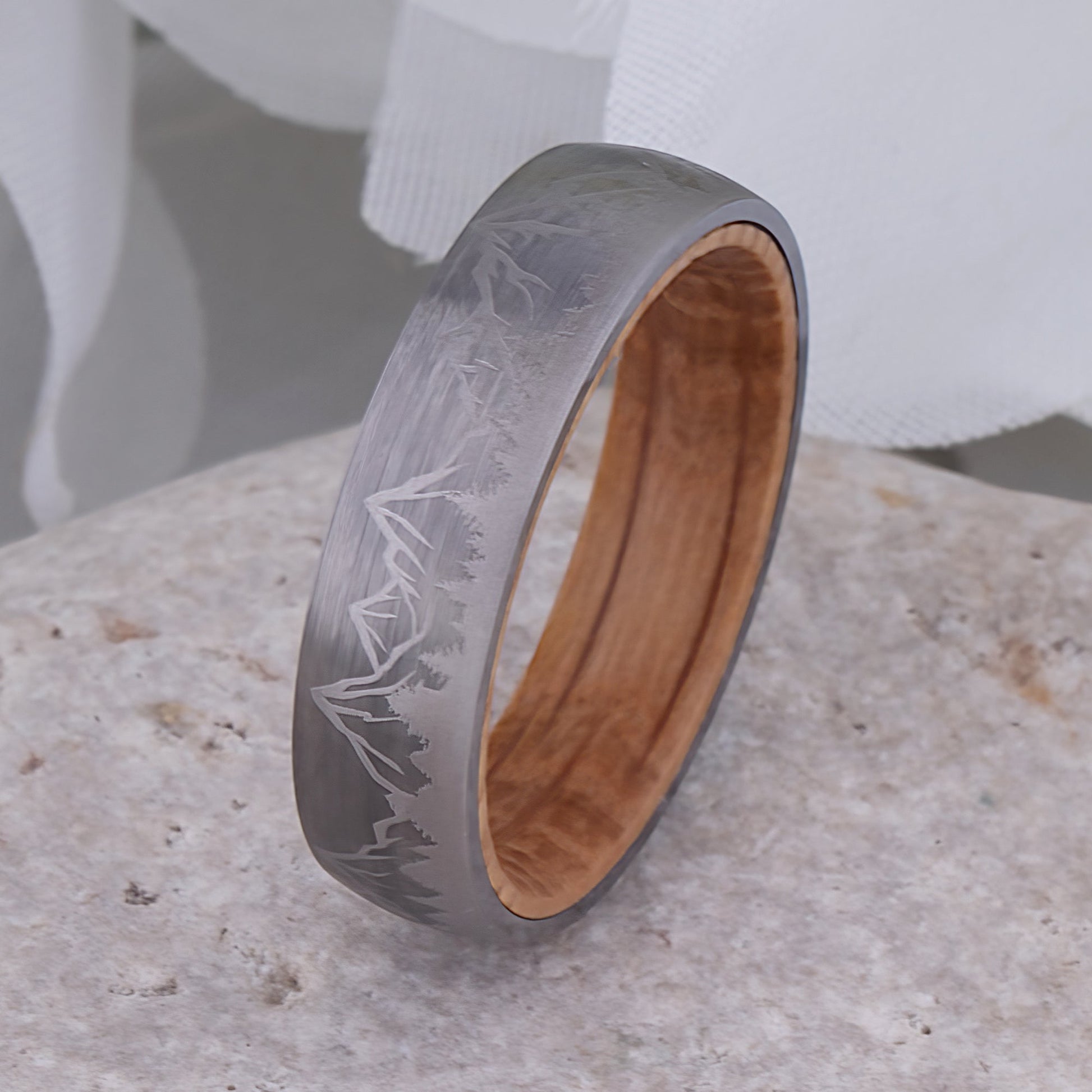 Mountain Tungsten Wedding Ring with Whiskey Barrel Wood - 6mm Width