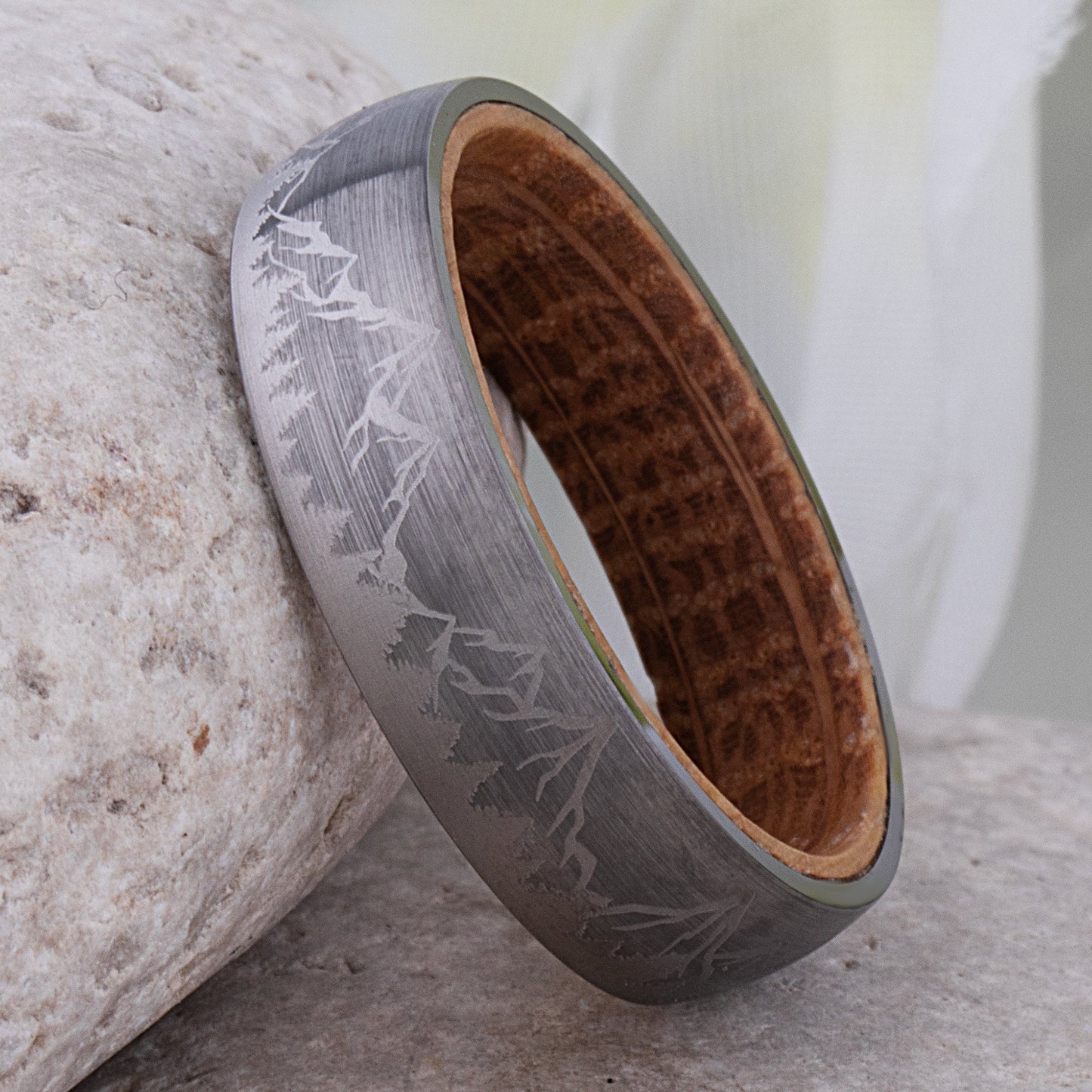 Mountain Tungsten Wedding Ring with Whiskey Barrel Wood - 6mm Width