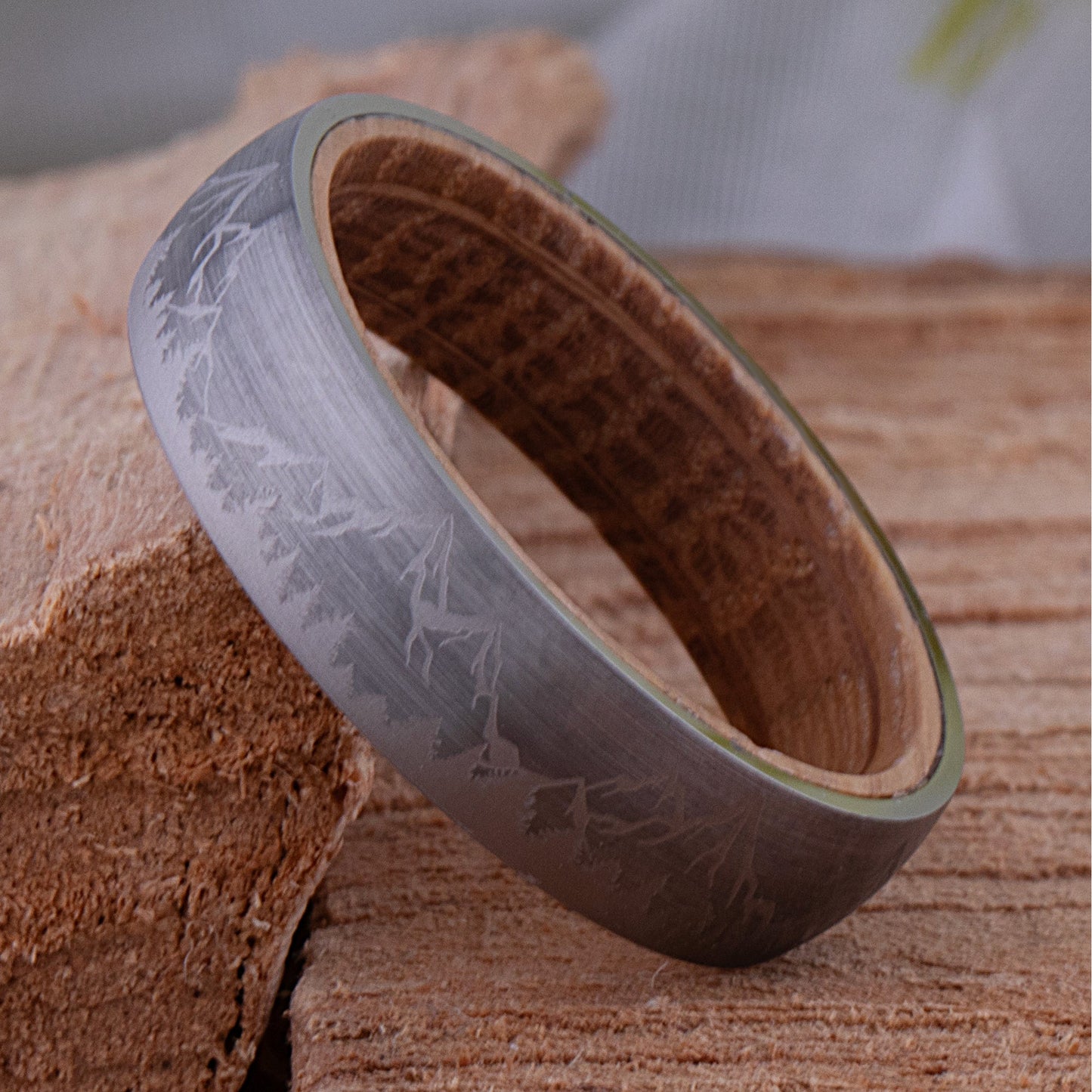 Mountain Tungsten Wedding Ring with Whiskey Barrel Wood - 6mm Width