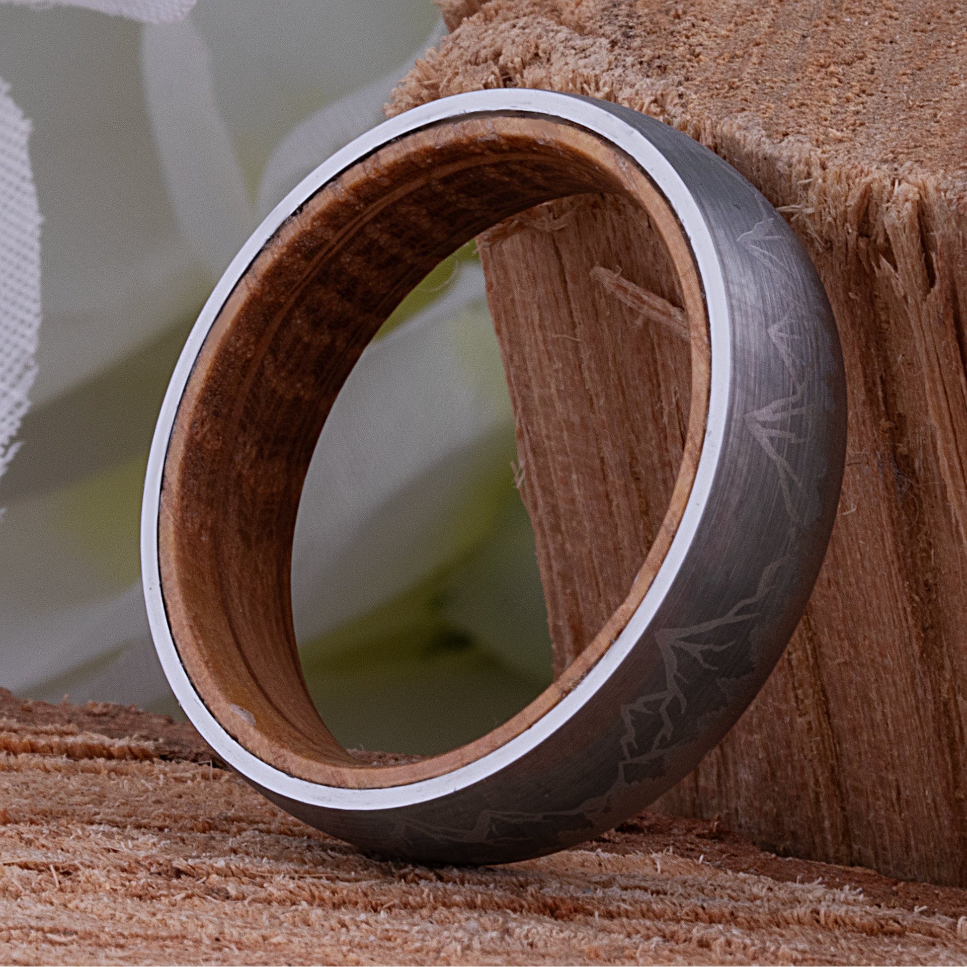Mountain Tungsten Wedding Ring with Whiskey Barrel Wood - 6mm Width