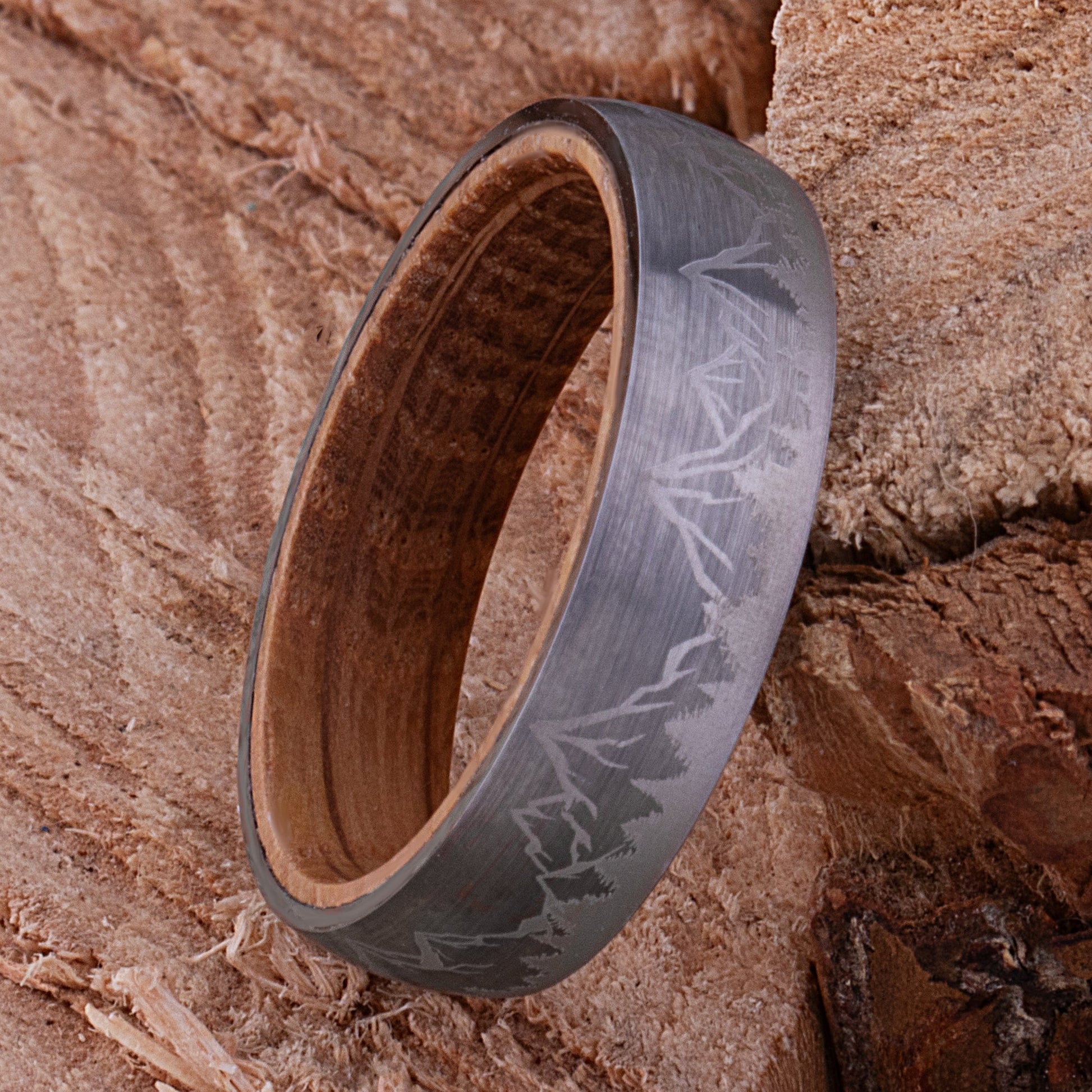 Mountain Tungsten Wedding Ring with Whiskey Barrel Wood - 6mm Width