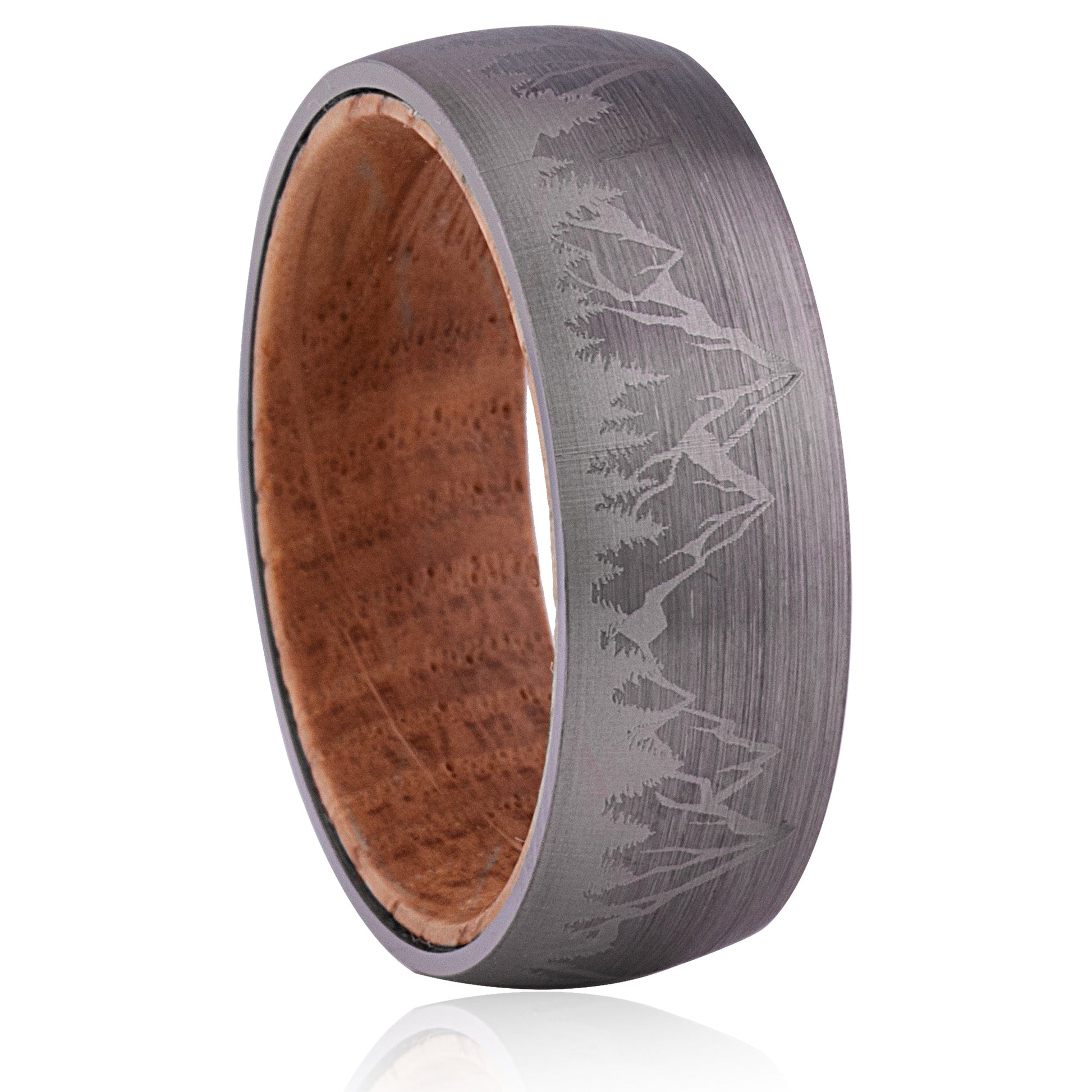 Mountain Tungsten Wedding Ring with Whiskey Barrel Wood - 8mm Width