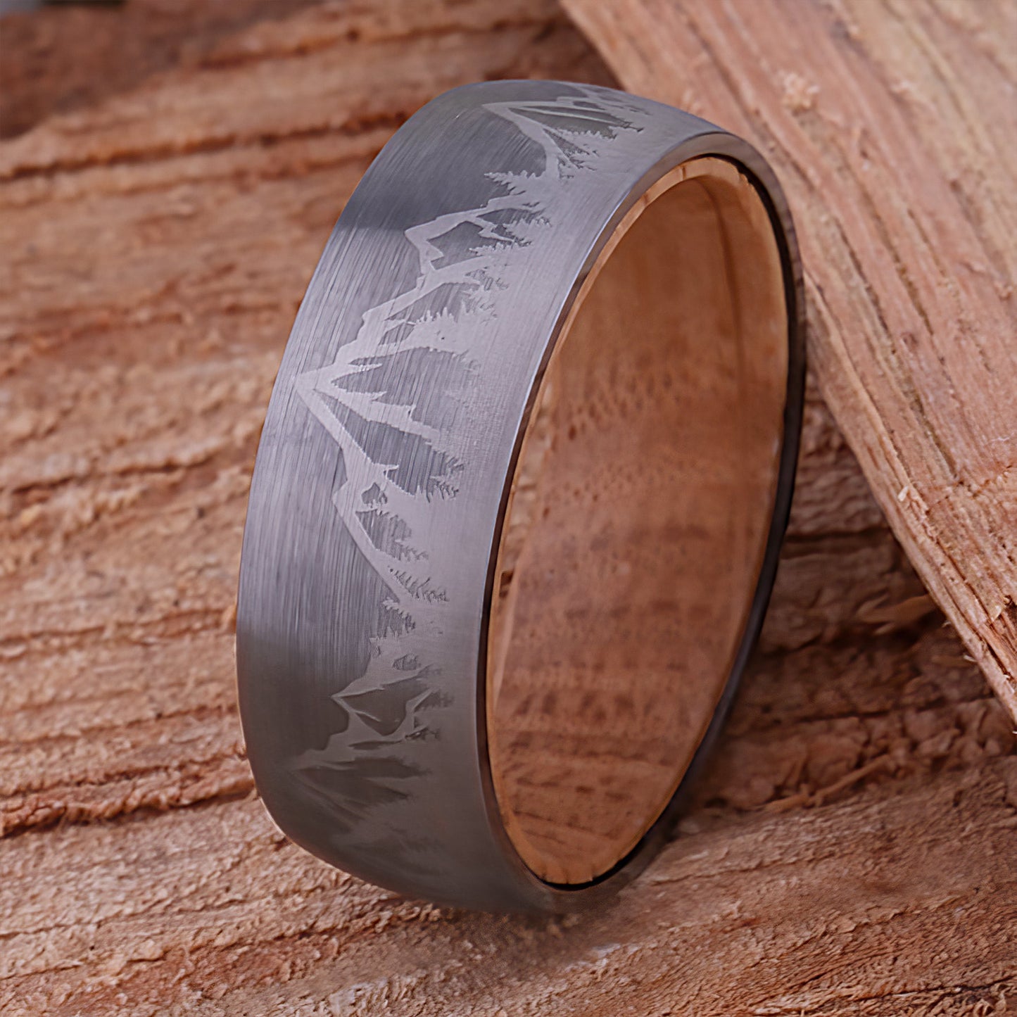 Mountain Tungsten Wedding Ring with Whiskey Barrel Wood - 8mm Width