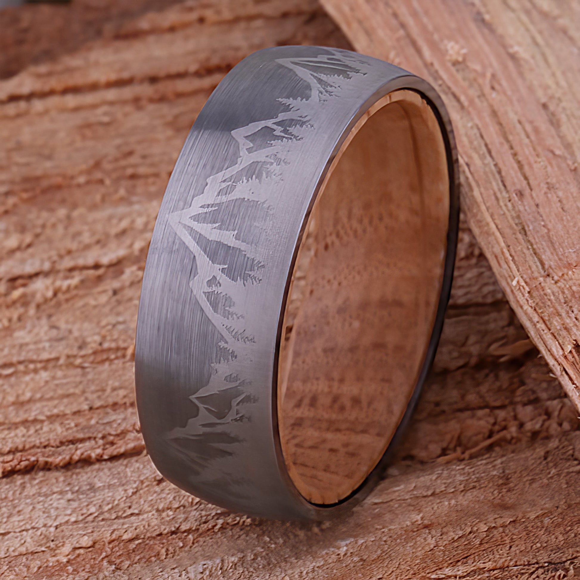 Mountain Tungsten Wedding Ring with Whiskey Barrel Wood - 8mm Width