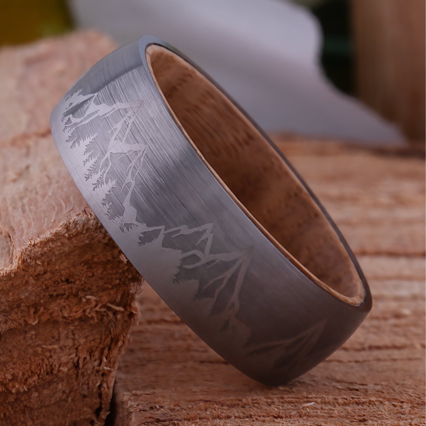 Mountain Tungsten Wedding Ring with Whiskey Barrel Wood - 8mm Width