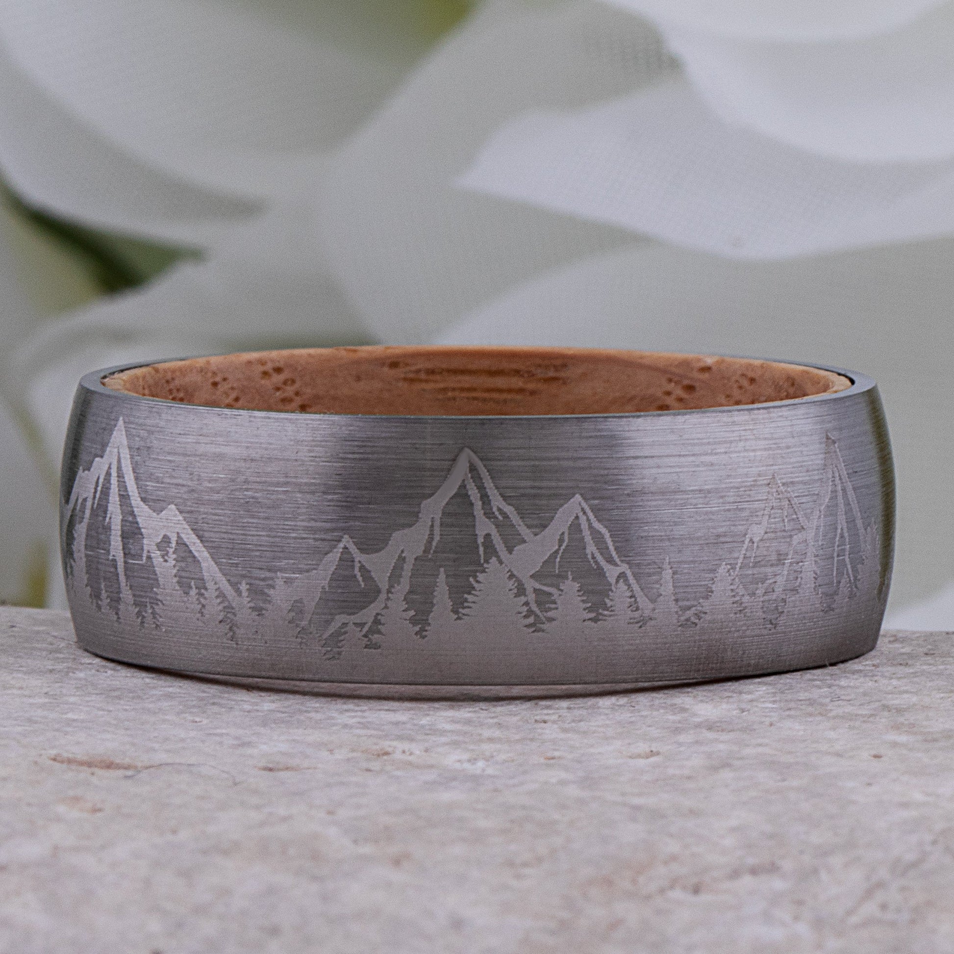 Mountain Tungsten Wedding Ring with Whiskey Barrel Wood - 8mm Width
