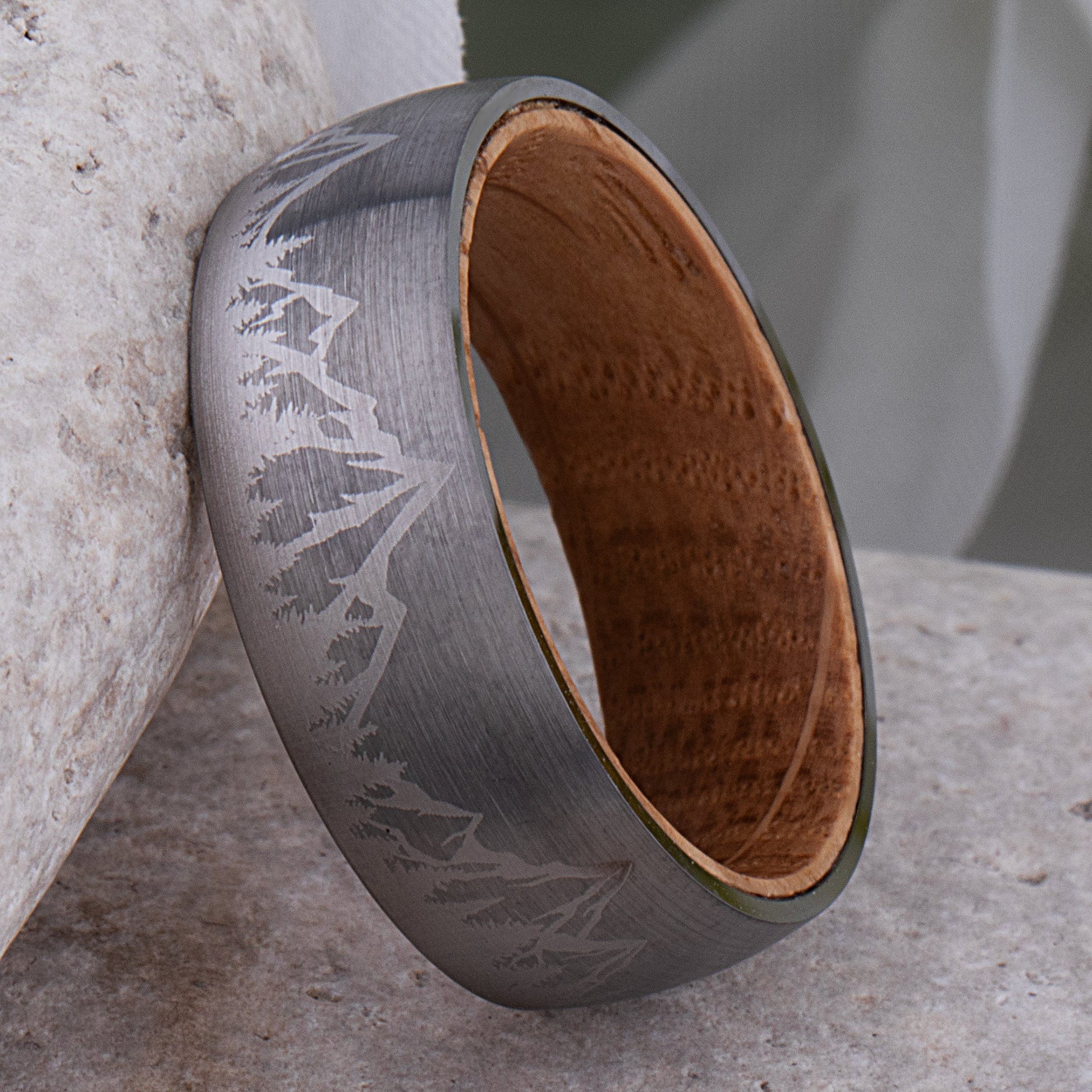 Mountain Tungsten Wedding Ring with Whiskey Barrel Wood - 8mm Width