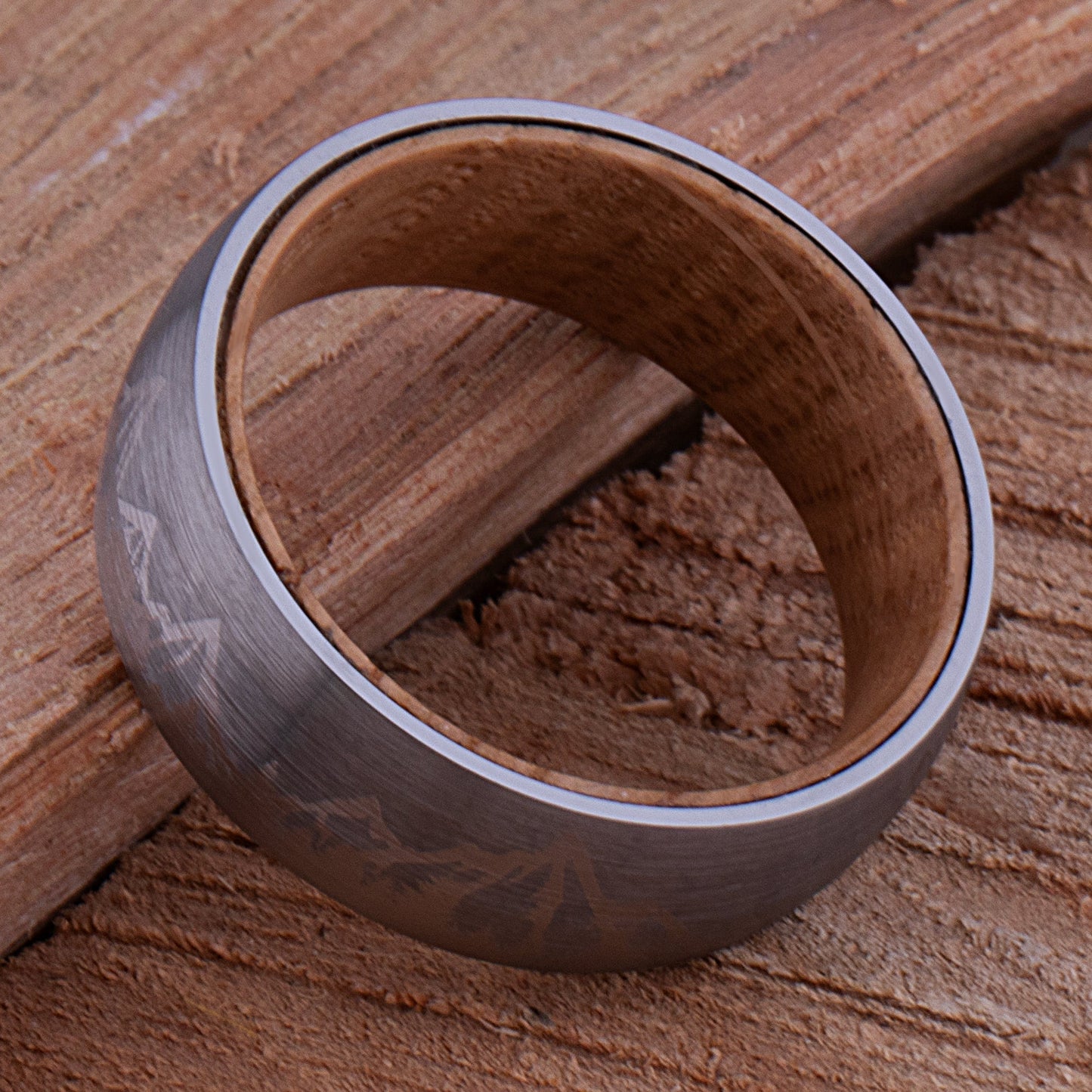 Mountain Tungsten Wedding Ring with Whiskey Barrel Wood - 8mm Width