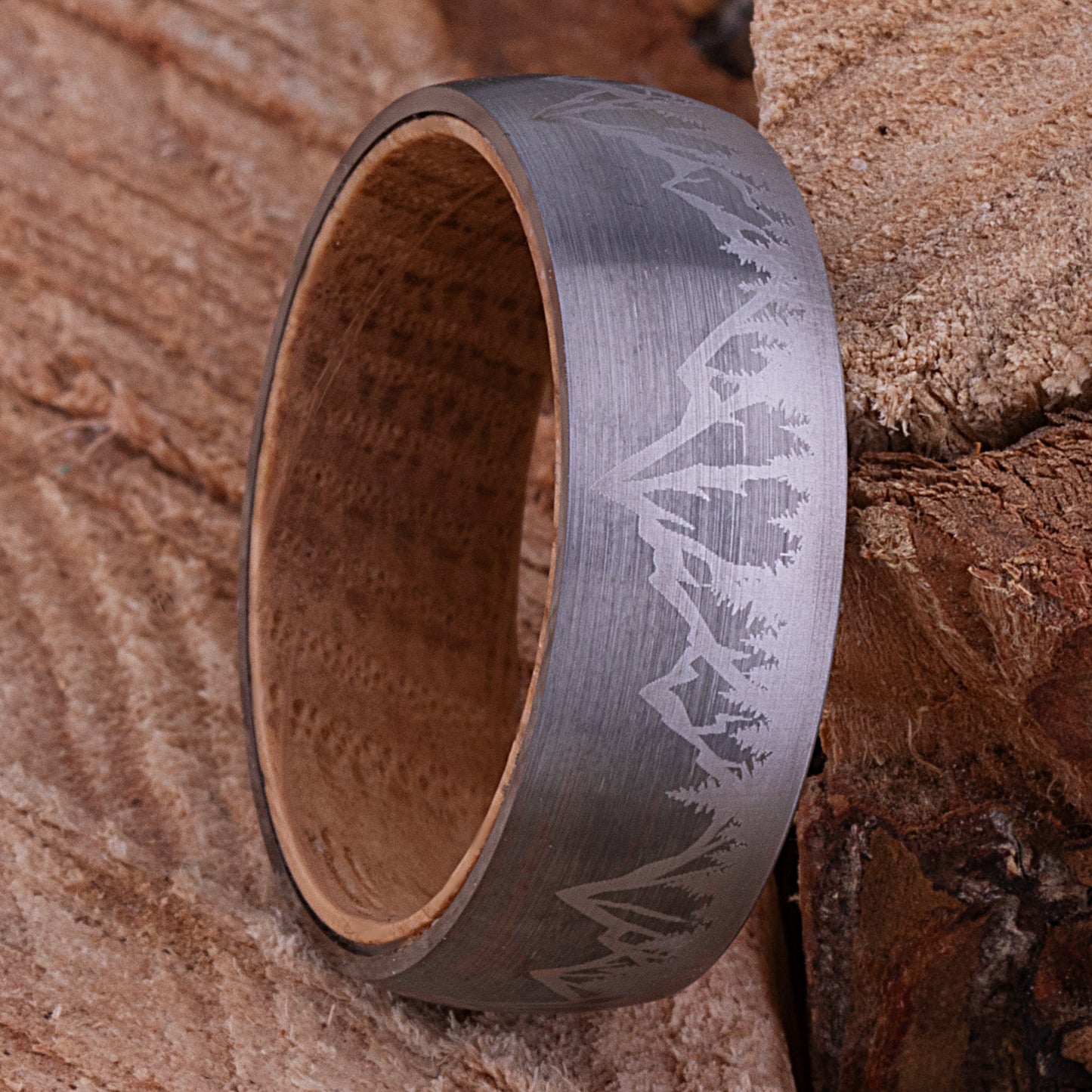 Mountain Tungsten Wedding Ring with Whiskey Barrel Wood - 8mm Width