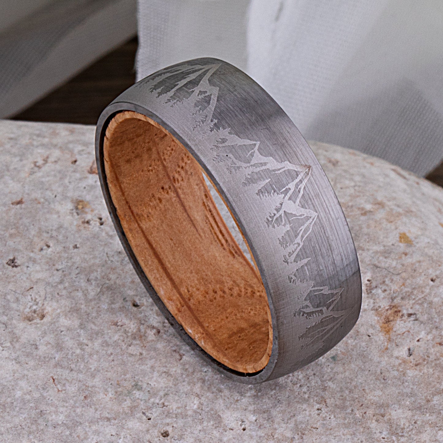 Mountain Tungsten Wedding Ring with Whiskey Barrel Wood - 8mm Width