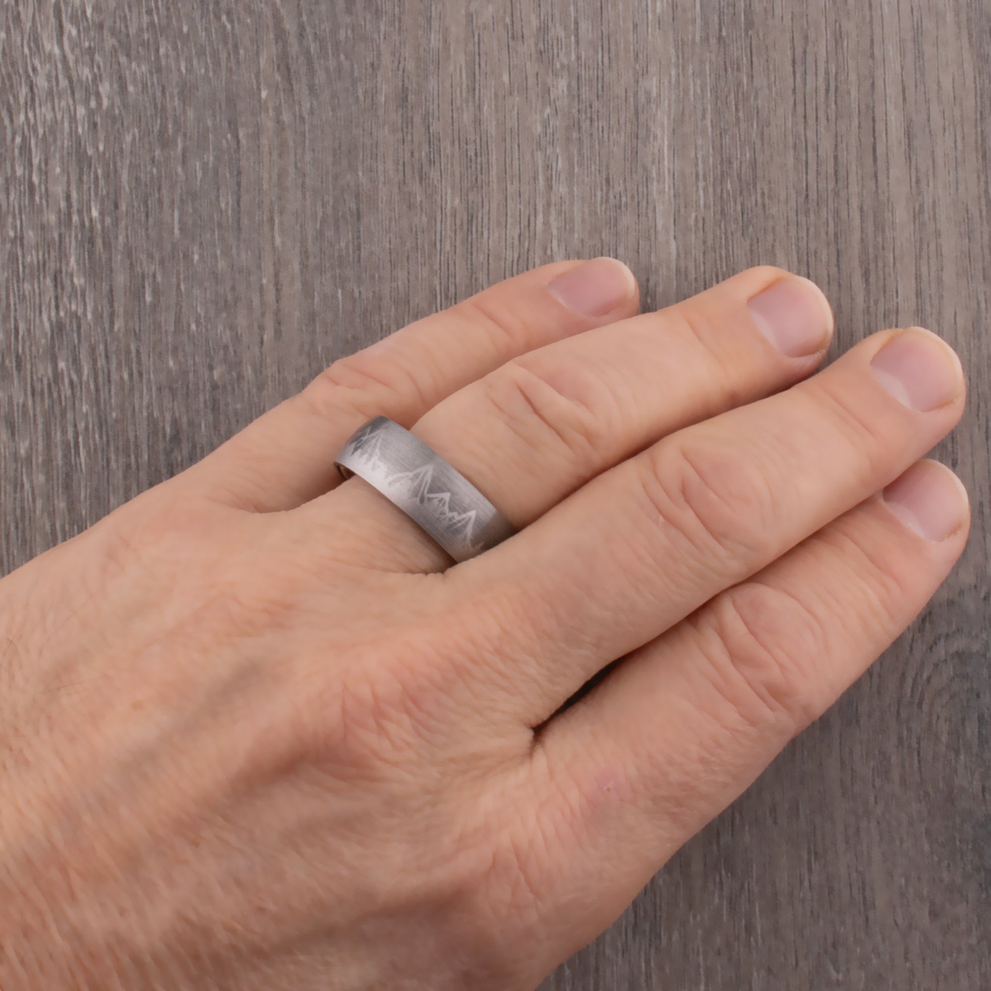 Mountain Tungsten Wedding Ring with Whiskey Barrel Wood - 8mm Width