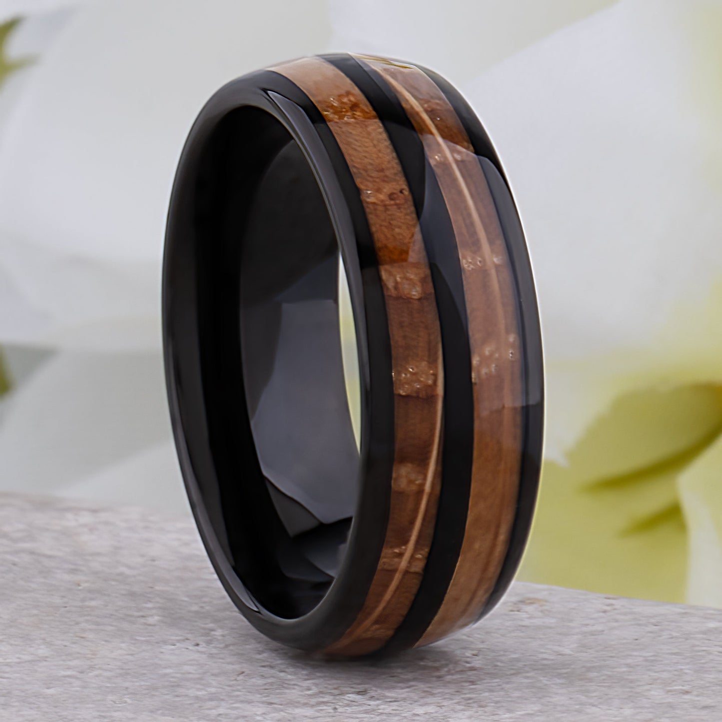 Black Tungsten Ring with Whiskey Barrel Wood Inlay - black tungsten and wood engagement band or wedding ring or promise band
