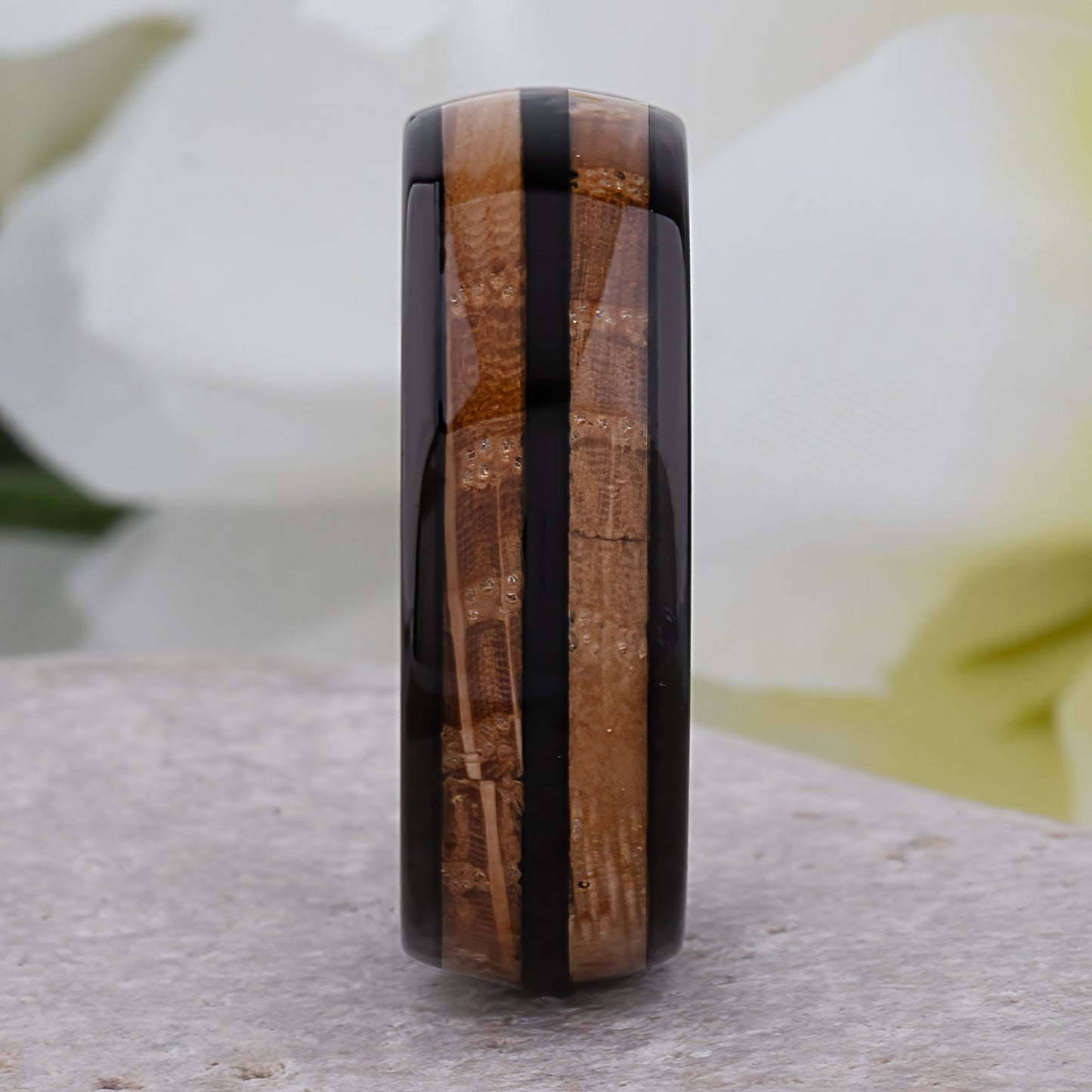 Black Tungsten Ring with Whiskey Barrel Wood Inlay - black tungsten and wood engagement band or wedding ring or promise band