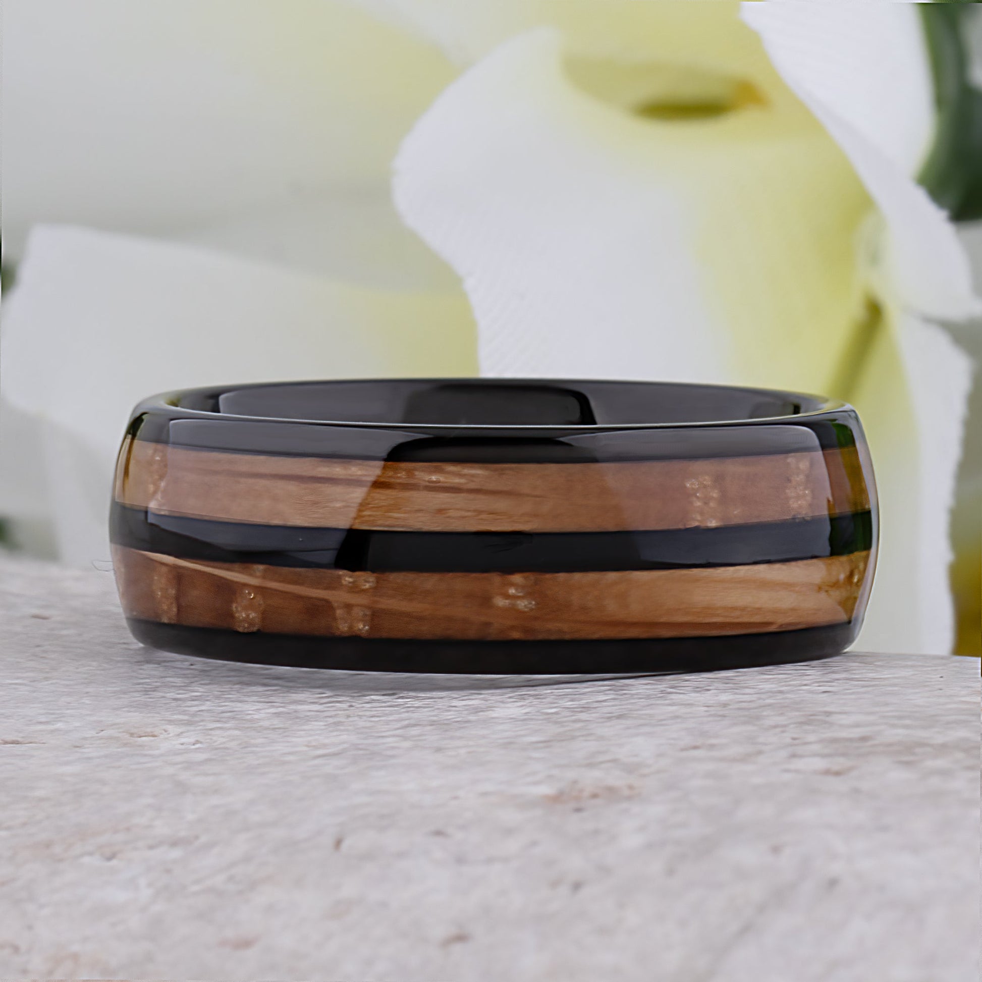 Black Tungsten Ring with Whiskey Barrel Wood Inlay - black tungsten and wood engagement band or wedding ring or promise band