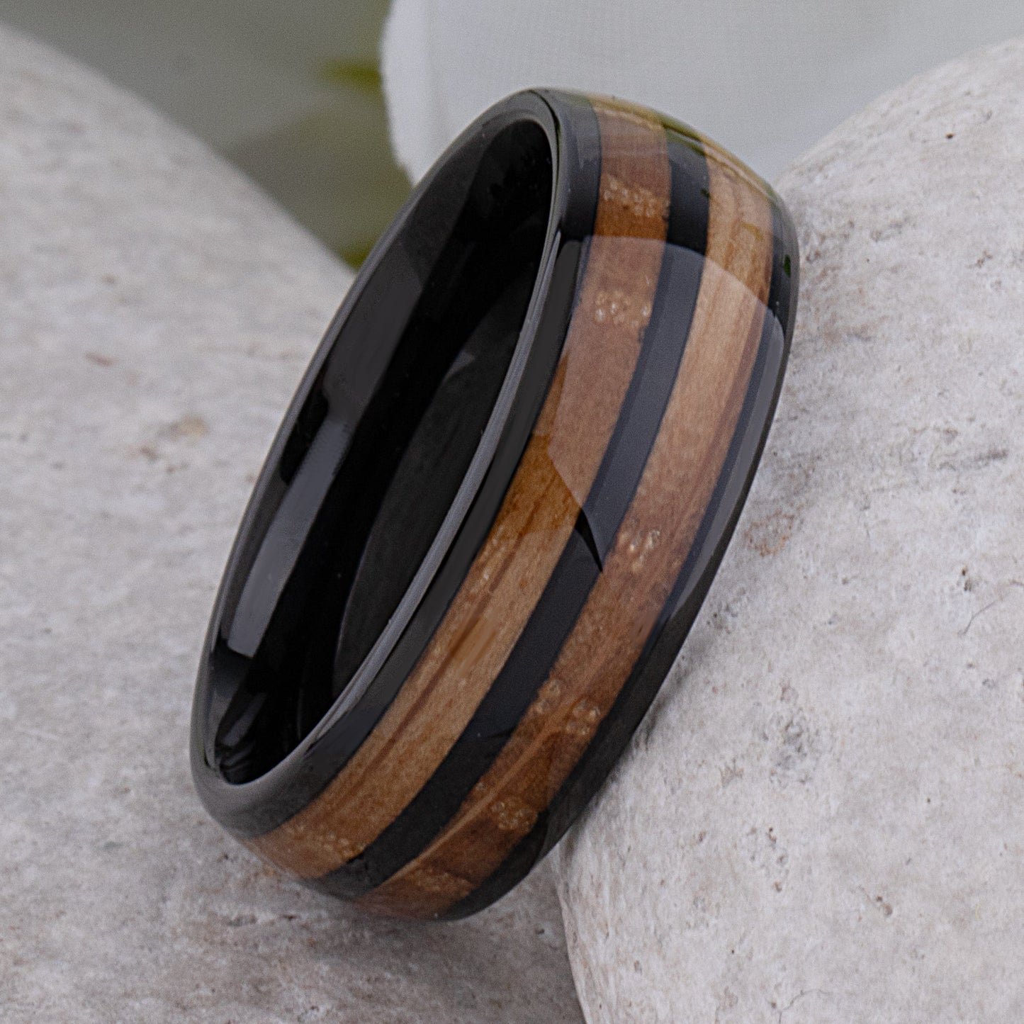 Black Tungsten Ring with Whiskey Barrel Wood Inlay - black tungsten and wood engagement band or wedding ring or promise band