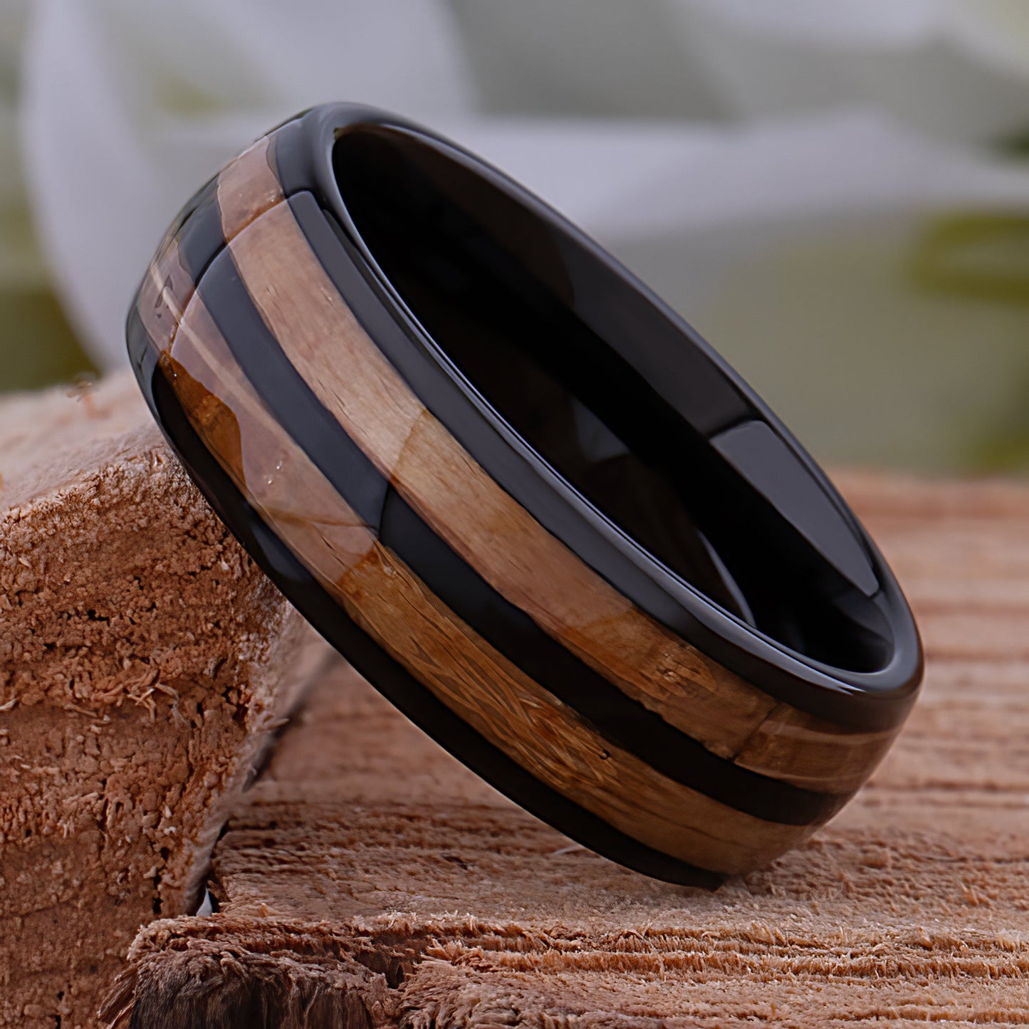Black Tungsten Ring with Whiskey Barrel Wood Inlay - black tungsten and wood engagement band or wedding ring or promise band