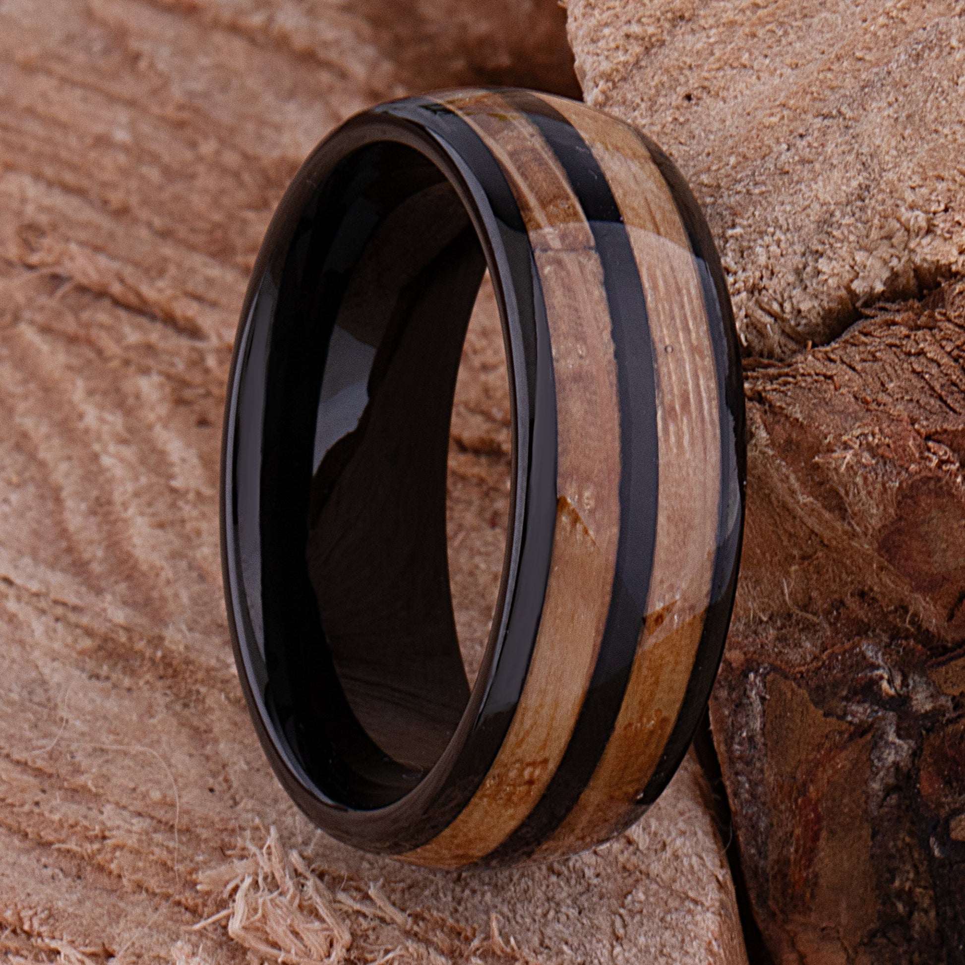 Black Tungsten Ring with Whiskey Barrel Wood Inlay - black tungsten and wood engagement band or wedding ring or promise band