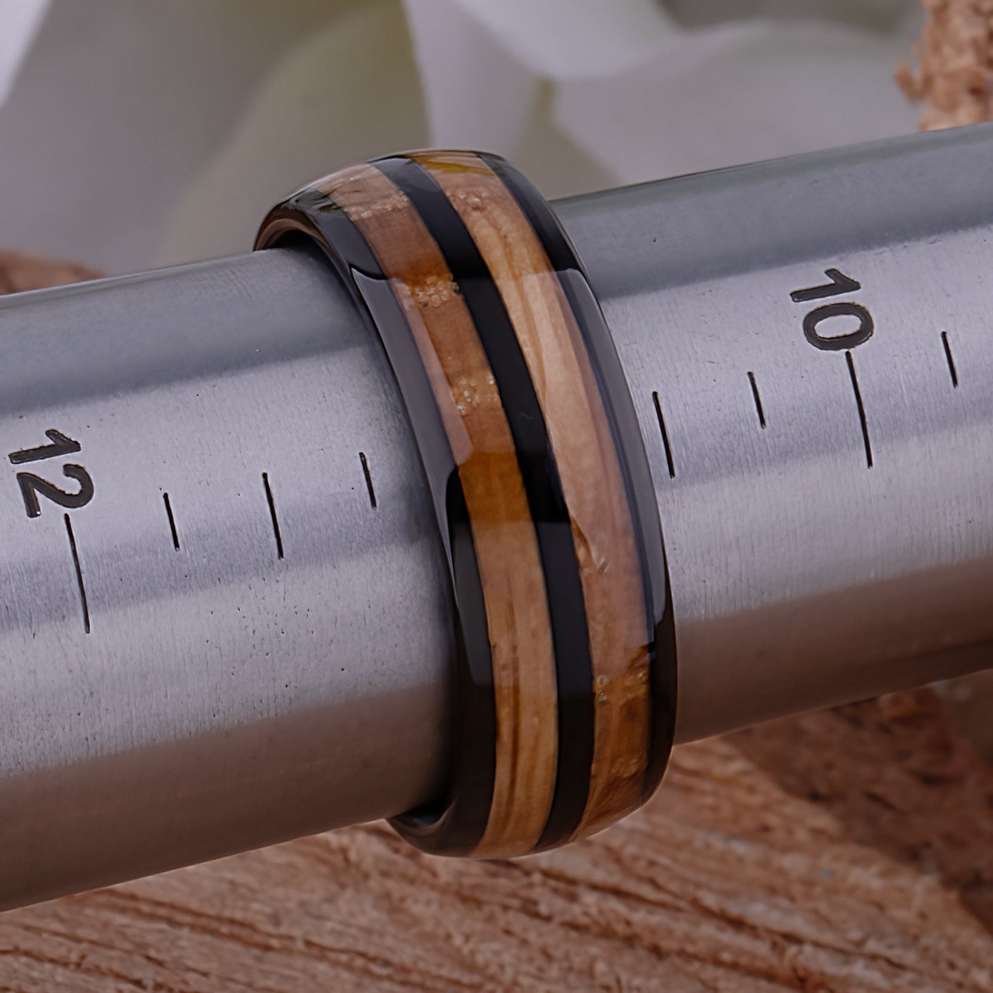 Black Tungsten Ring with Whiskey Barrel Wood Inlay - black tungsten and wood engagement band or wedding ring or promise band