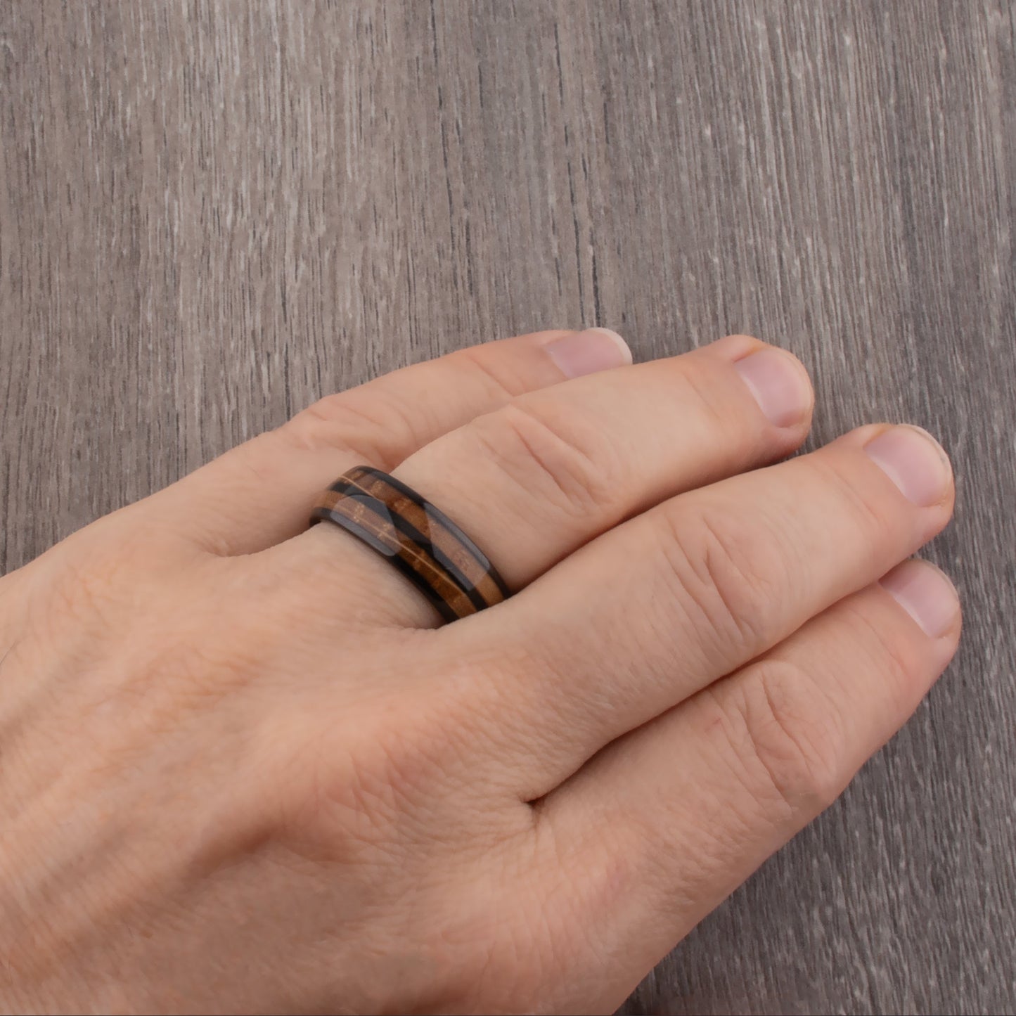 Black Tungsten Ring with Whiskey Barrel Wood Inlay - black tungsten and wood engagement band or wedding ring or promise band