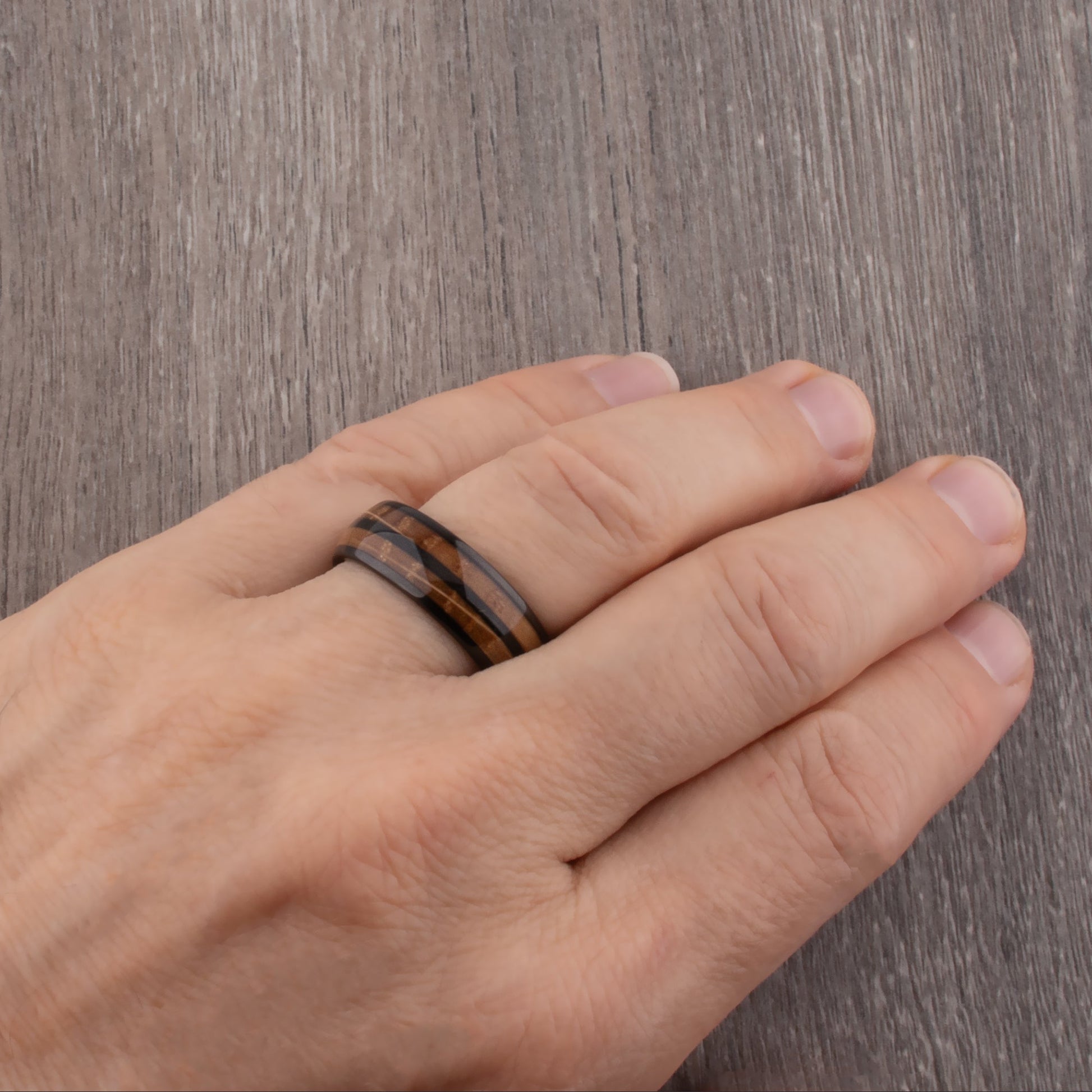 Black Tungsten Ring with Whiskey Barrel Wood Inlay - black tungsten and wood engagement band or wedding ring or promise band