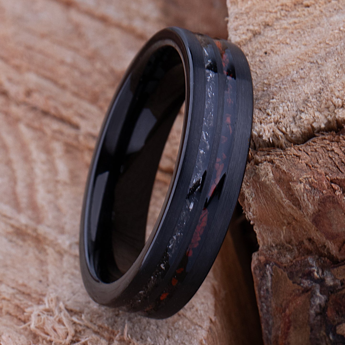 Dinosaur Bone and Meteorite Black Tungsten Wedding Band - 6mm Width - TCR248