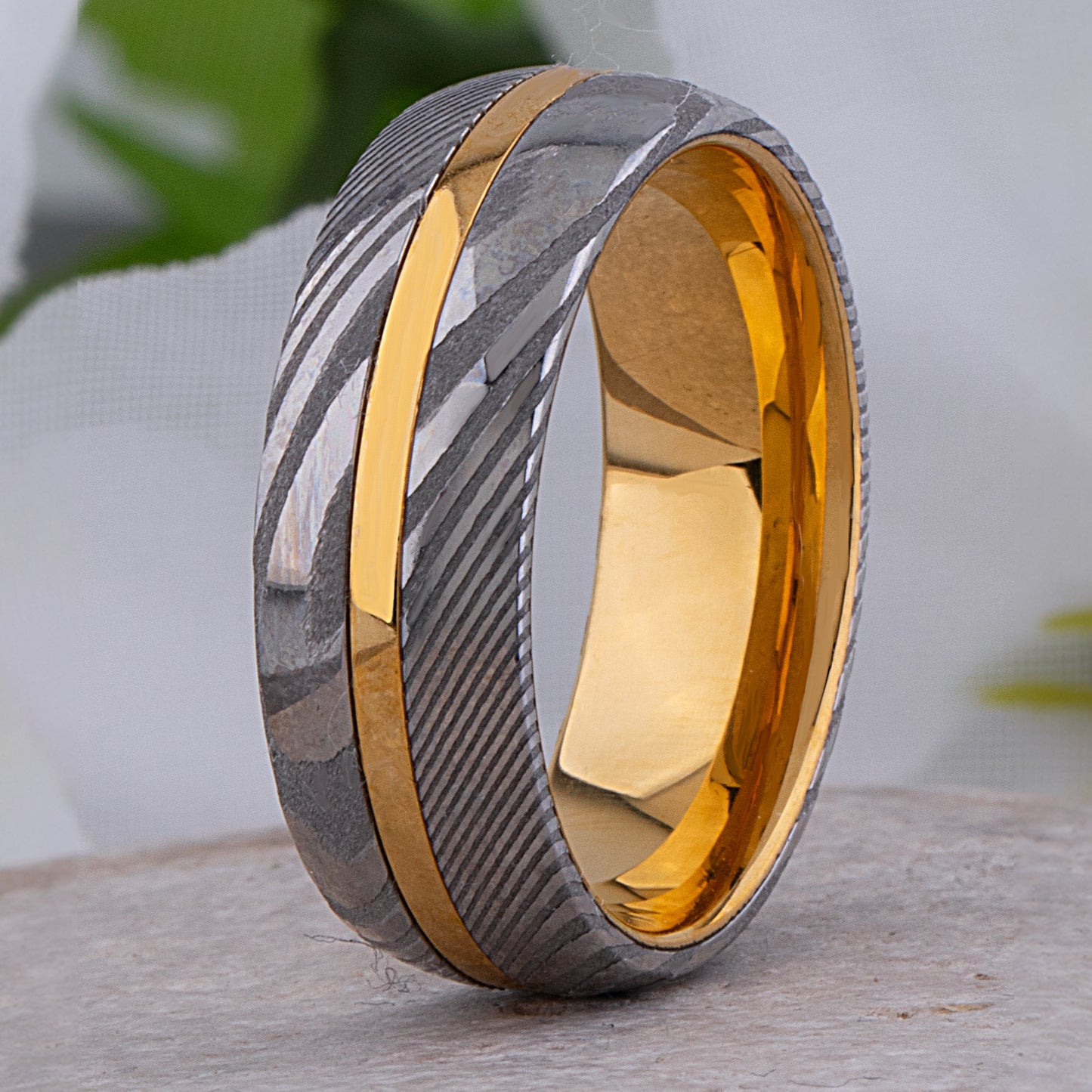 Damascus Steel and Yellow Gold Tungsten Wedding Band - 8mm Width