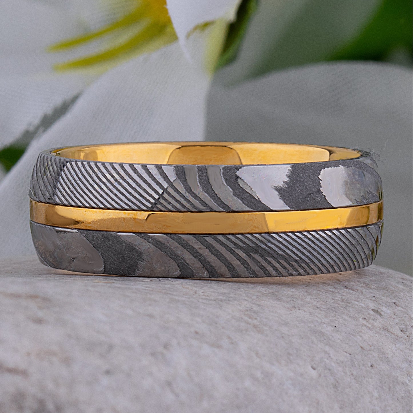 Damascus Steel and Yellow Gold Tungsten Wedding Band - 8mm Width