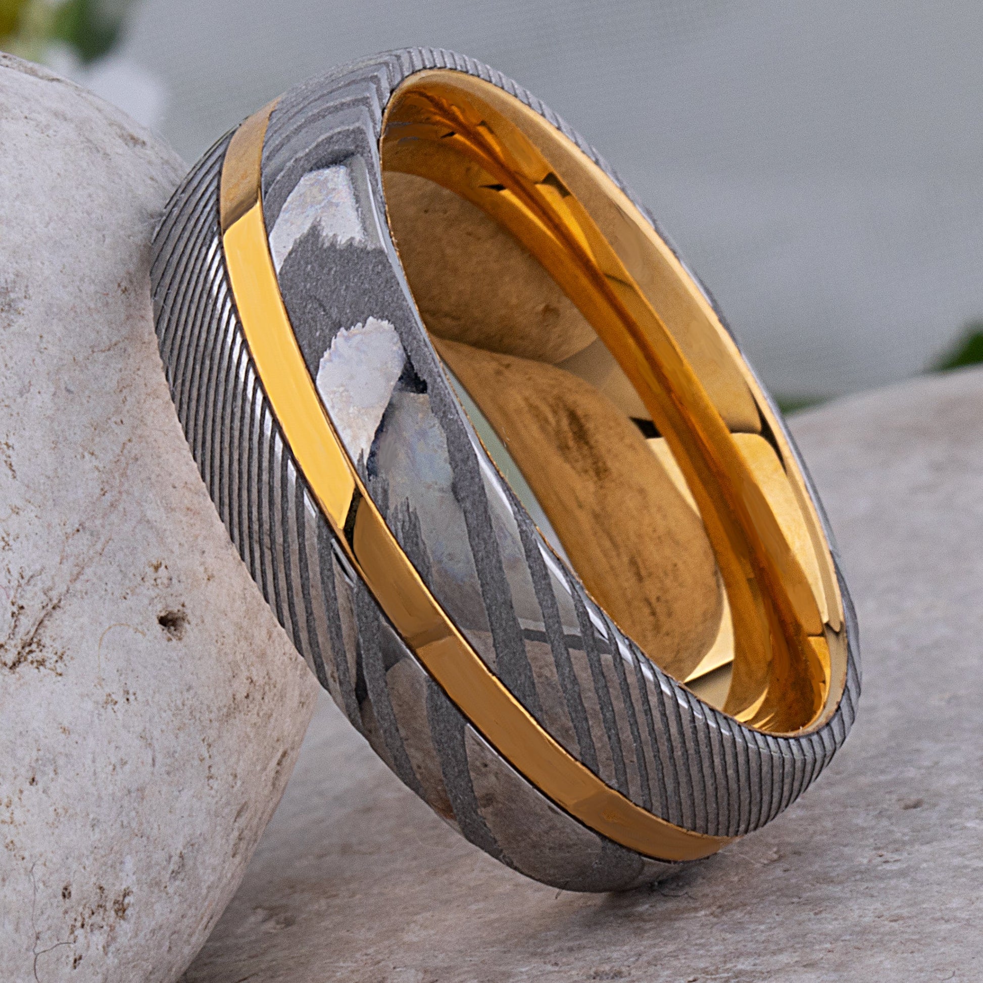 Damascus Steel and Yellow Gold Tungsten Wedding Band - 8mm Width