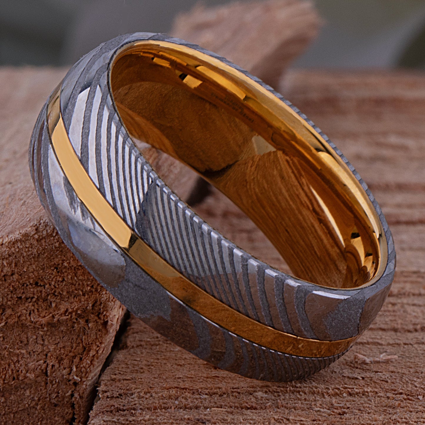 Damascus Steel and Yellow Gold Tungsten Wedding Band - 8mm Width
