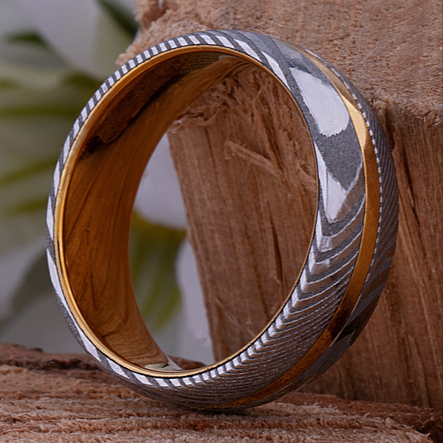 Damascus Steel and Yellow Gold Tungsten Wedding Band - 8mm Width