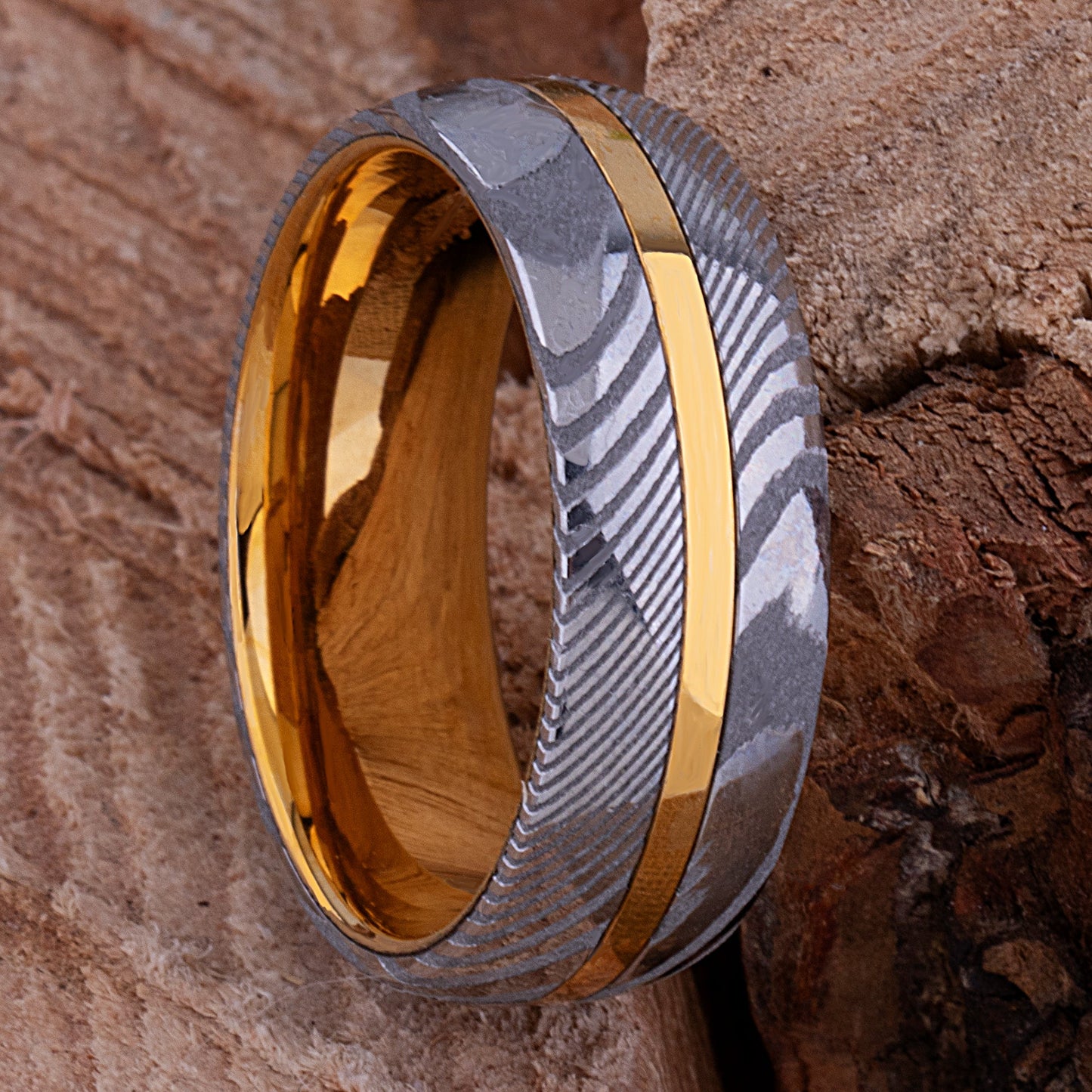 Damascus Steel and Yellow Gold Tungsten Wedding Band - 8mm Width