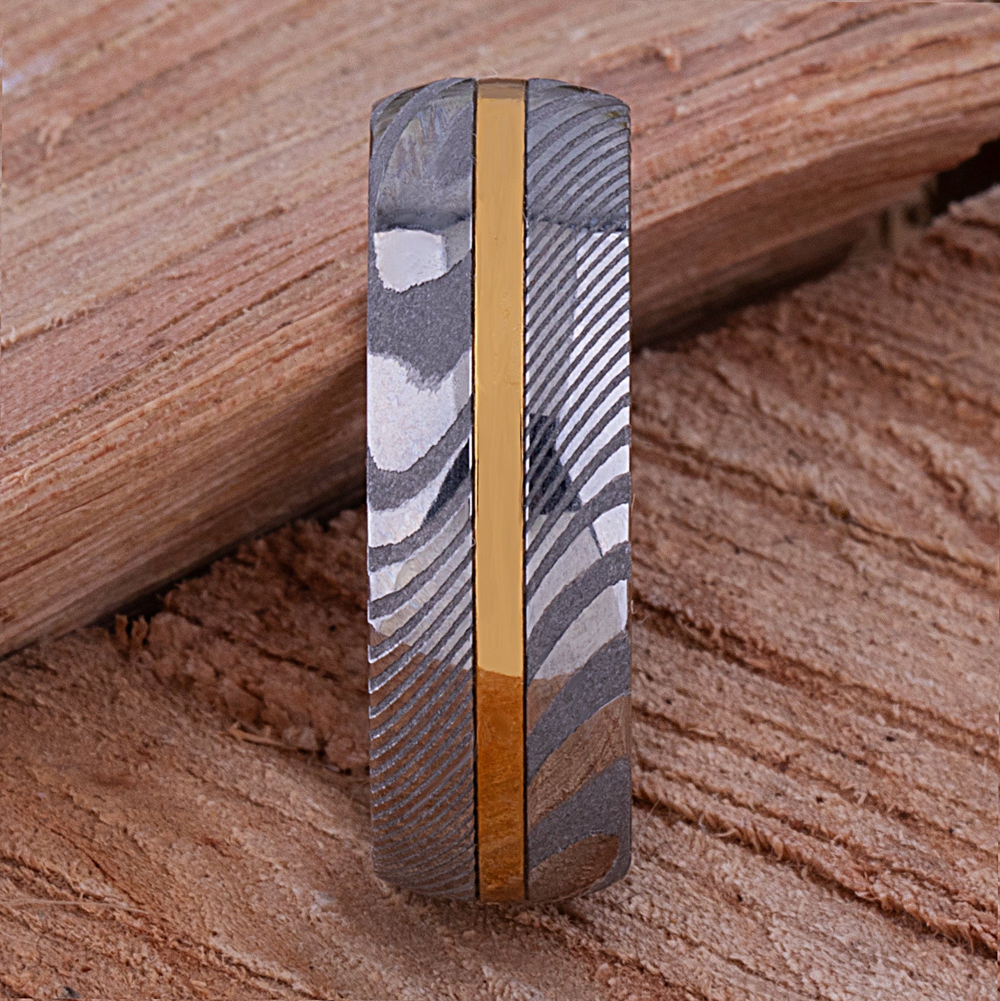 Damascus Steel and Yellow Gold Tungsten Wedding Band - 8mm Width