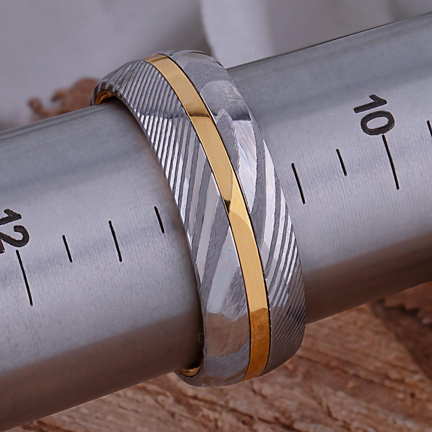 Damascus Steel and Yellow Gold Tungsten Wedding Band - 8mm Width