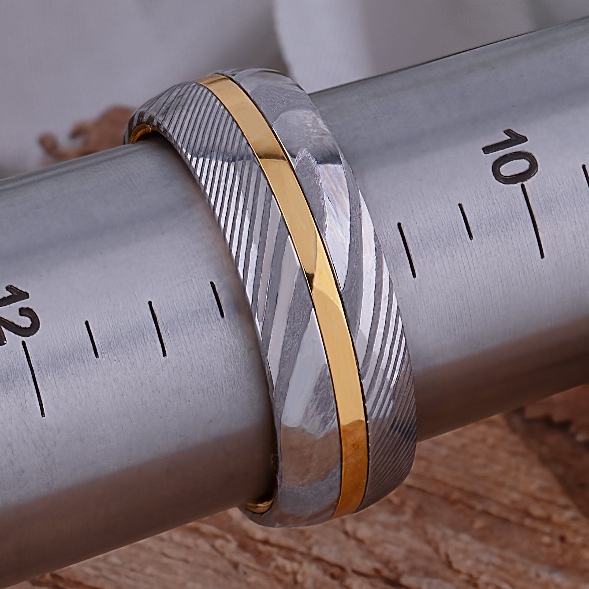 Damascus Steel and Yellow Gold Tungsten Wedding Band - 8mm Width